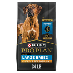Purina Pro Plan large-breed chicken and rice dog food bag ready for daily feeding
