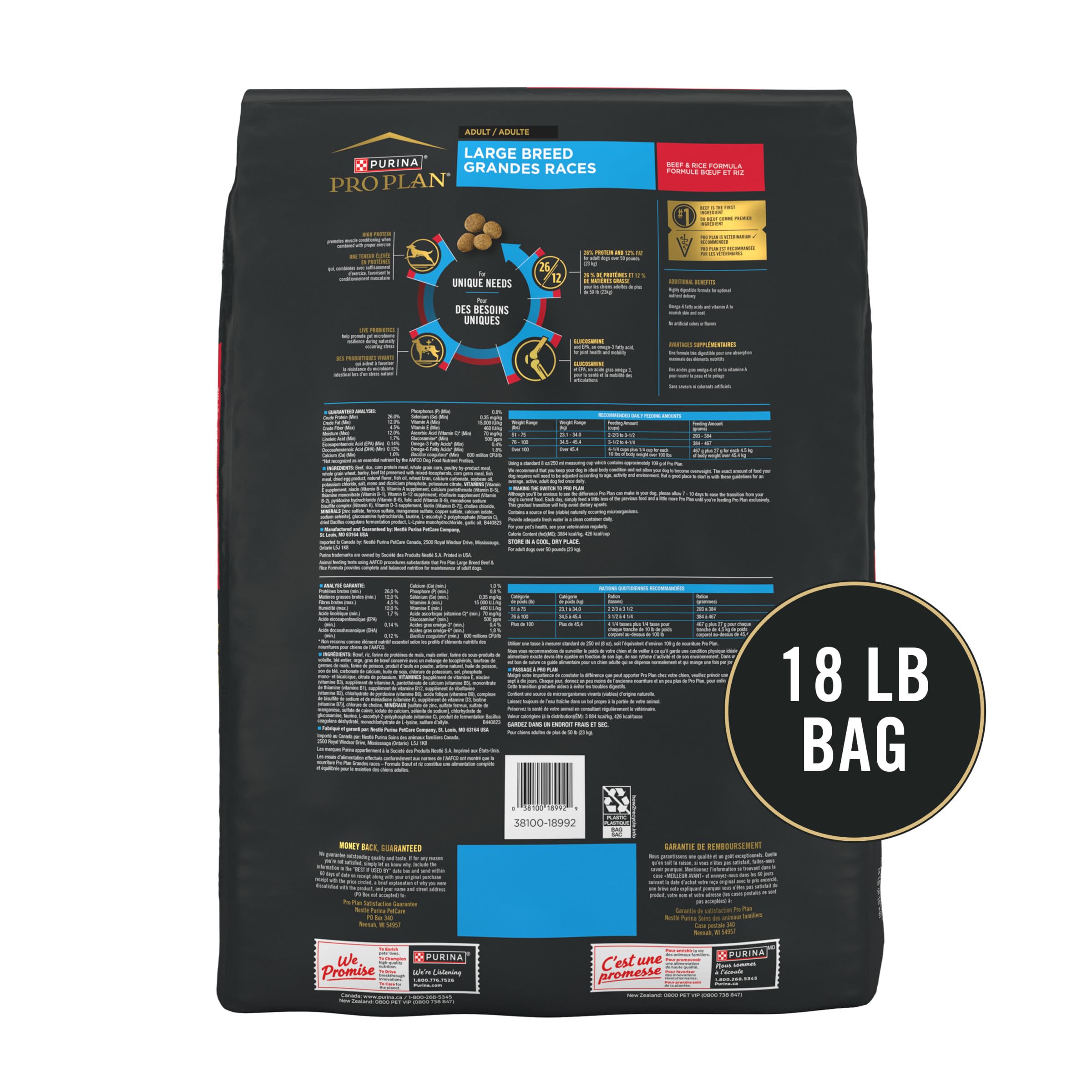 Purina Pro Plan Large Breed prebiotic fiber shot highlights gut-friendly nutrition.