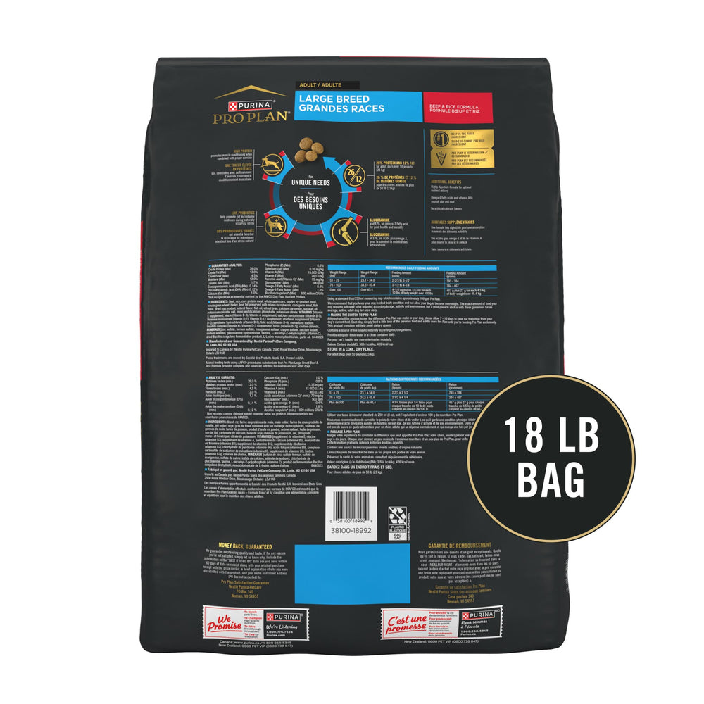 Purina Pro Plan Large Breed prebiotic fiber shot highlights gut-friendly nutrition.