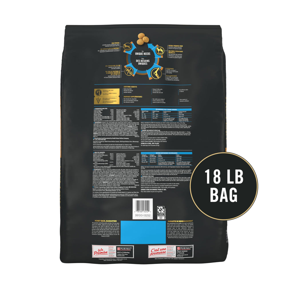 Purina Pro Plan Large Breed ready-to-serve adult dog kibble in convenient bag.