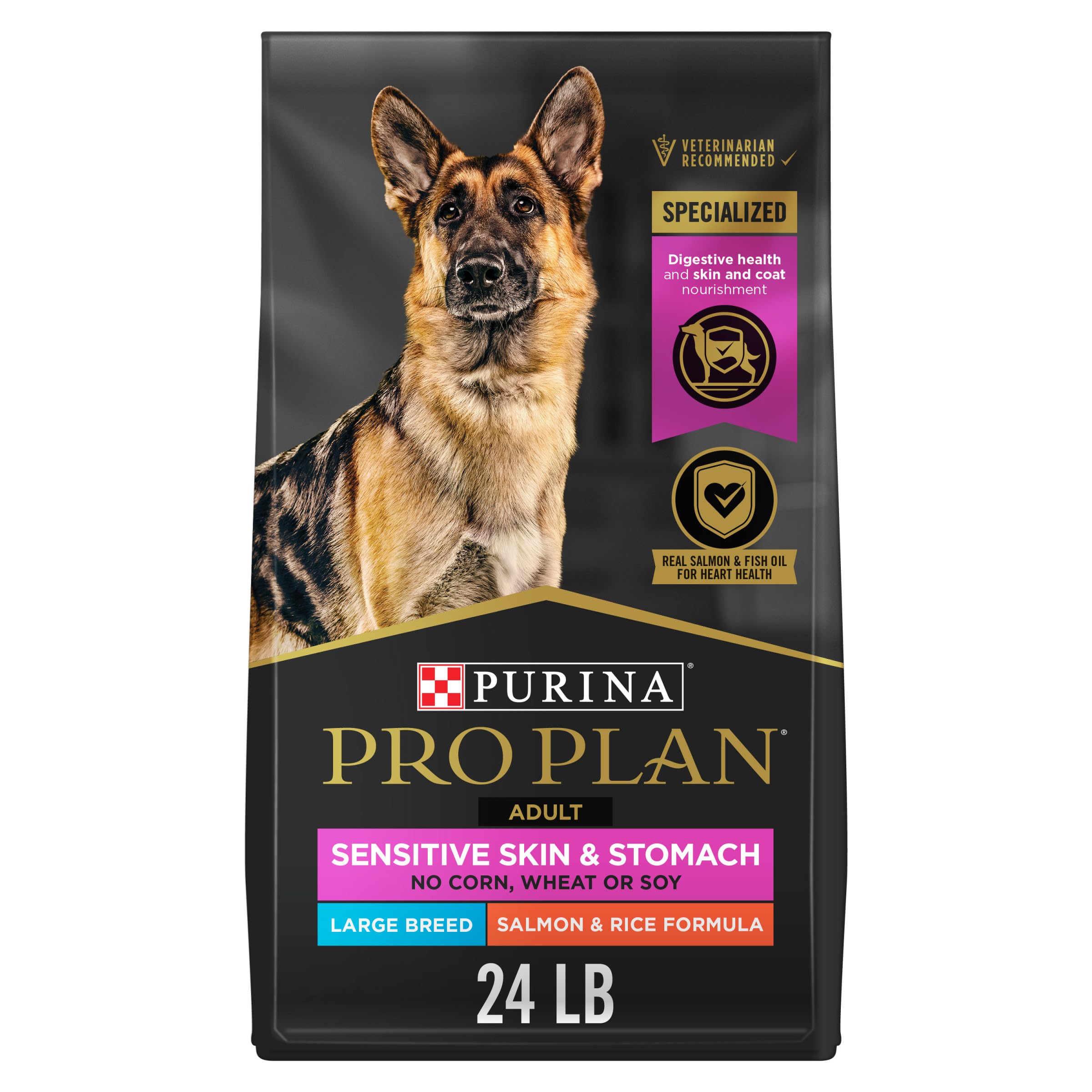Purina Pro Plan Large Breed Salmon and Rice bag front aids portioning for large dogs.