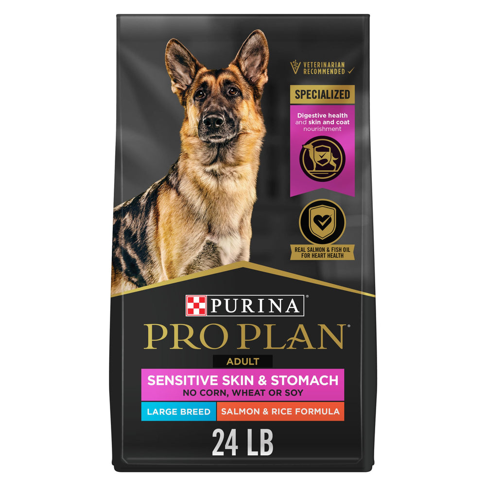 Purina Pro Plan Large Breed Salmon and Rice bag front aids portioning for large dogs.