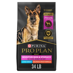 Purina Pro Plan Large Breed Sensitive Skin and Stomach Salmon and Rice bag front showing the 34 lb packaging for digestion and flavor.