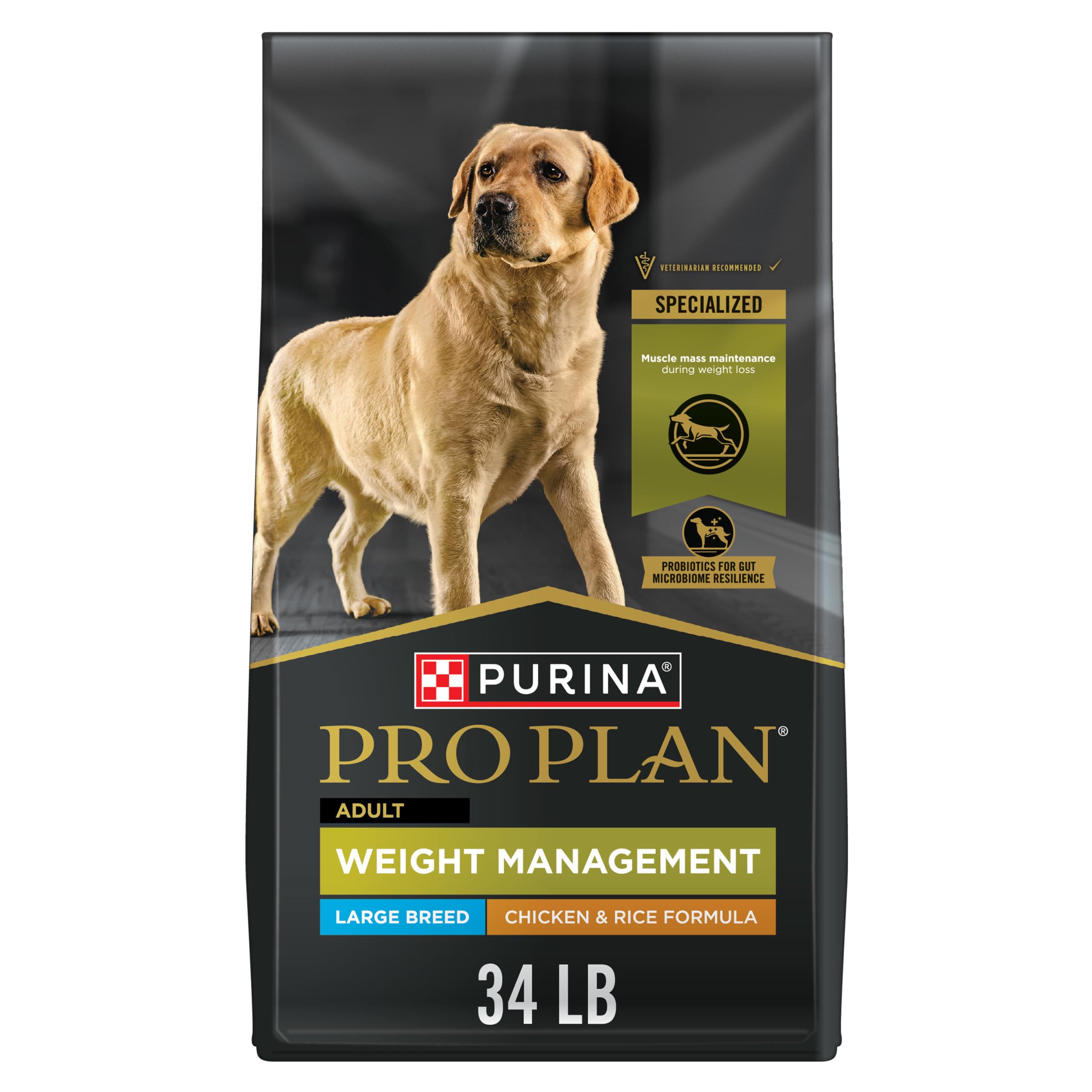 Purina Pro Plan Large Breed Weight Management bag shows weight-control formula for big dogs.