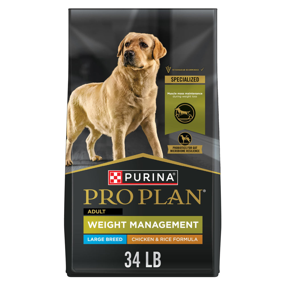 Purina Pro Plan Large Breed Weight Management bag shows weight-control formula for big dogs.