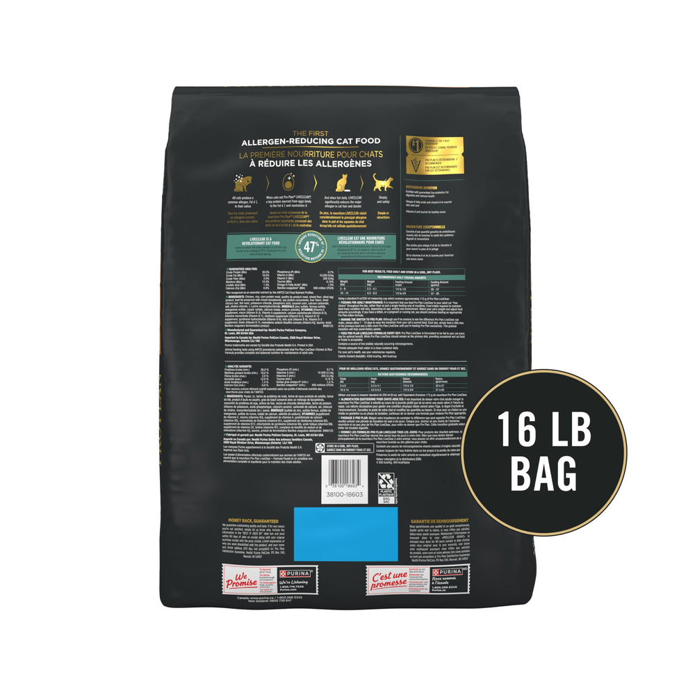 Purina Pro Plan LiveClear 16-lb bag sits on counter with product details visible.