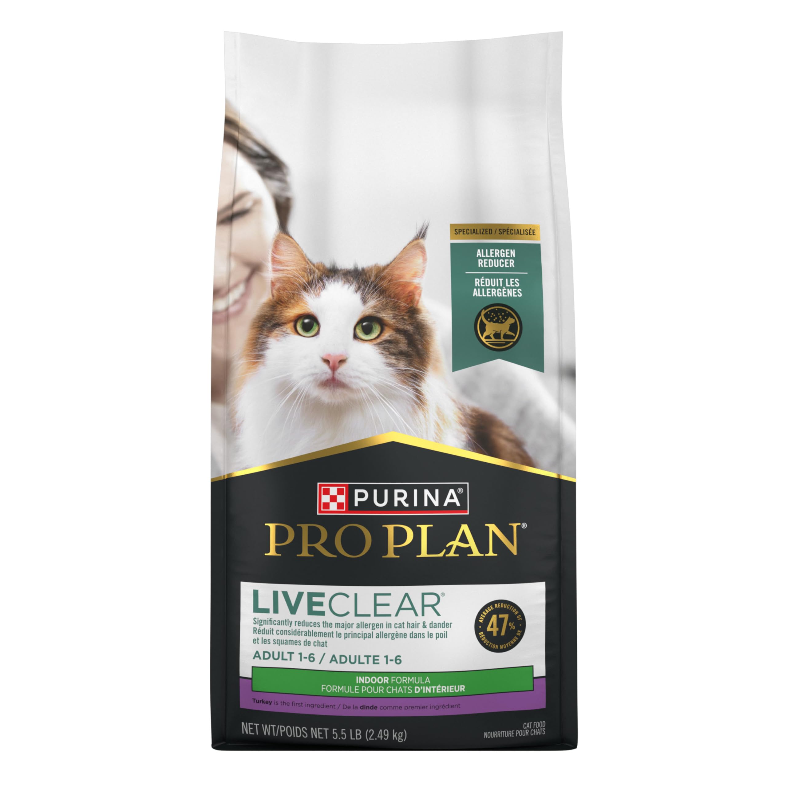 Purina Pro Plan LiveClear bag with allergen-reduction claim logo