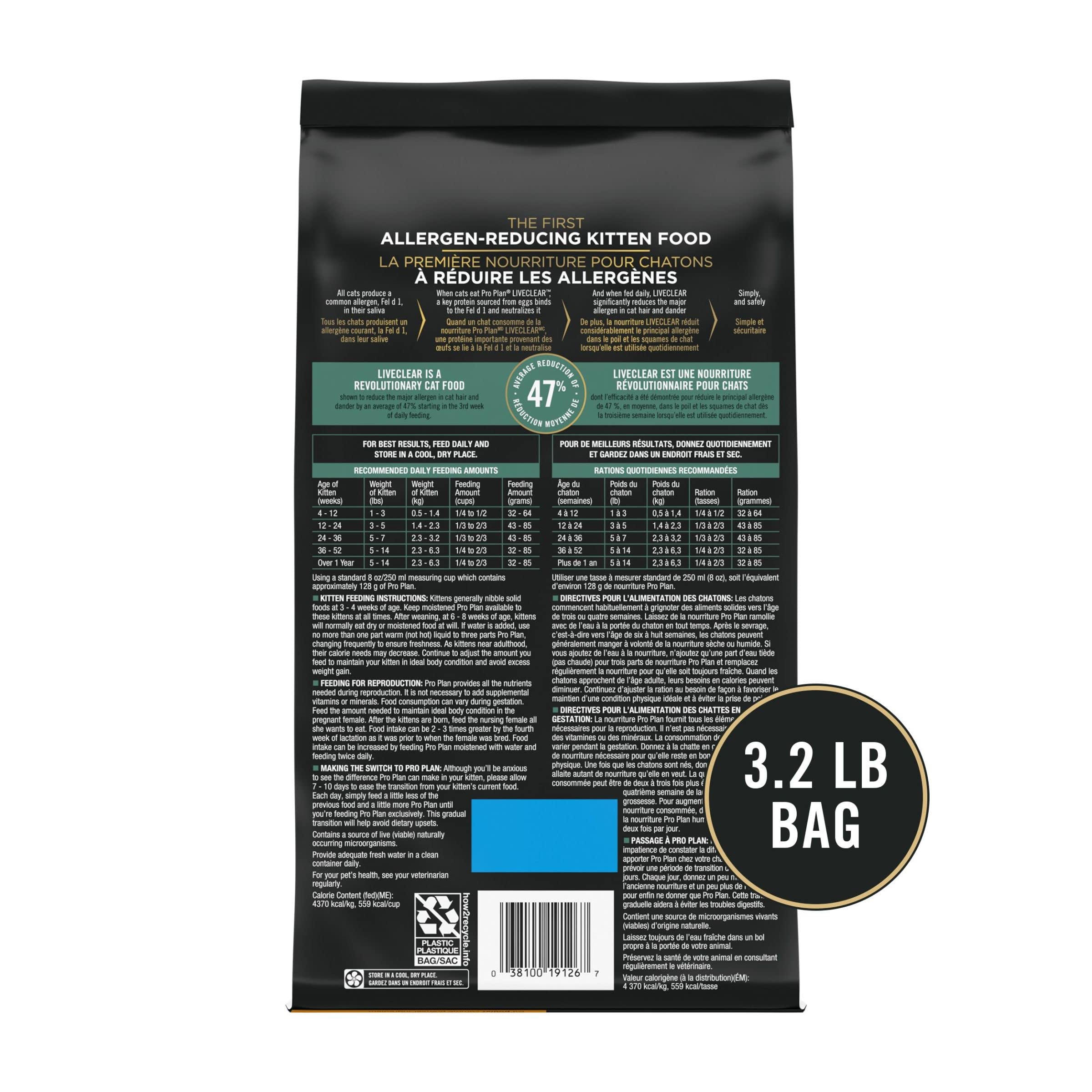 Purina Pro Plan LiveClear daily meal setup for kittens.