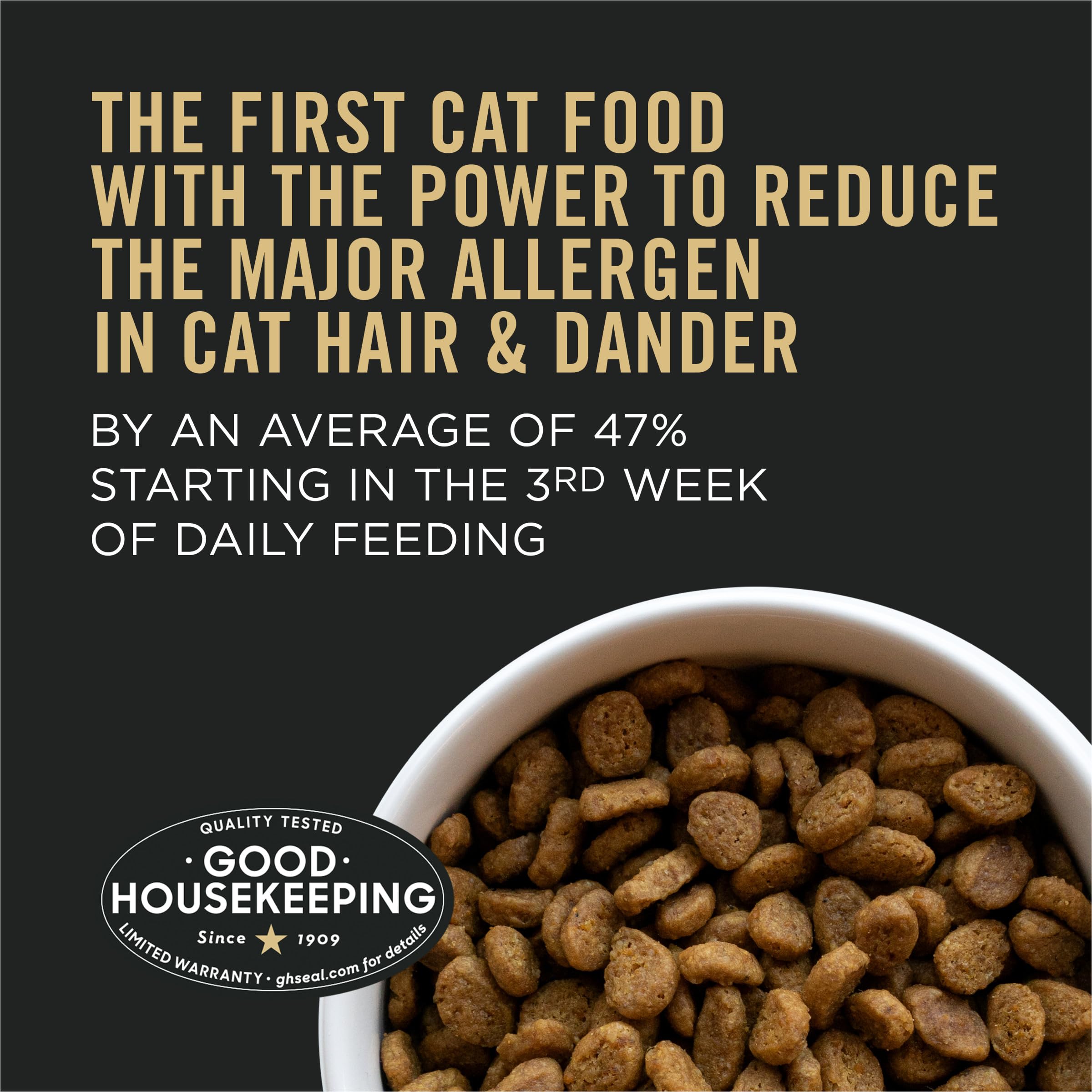 Purina LIVECLEAR bag label highlighting reduced fat content by 10%.