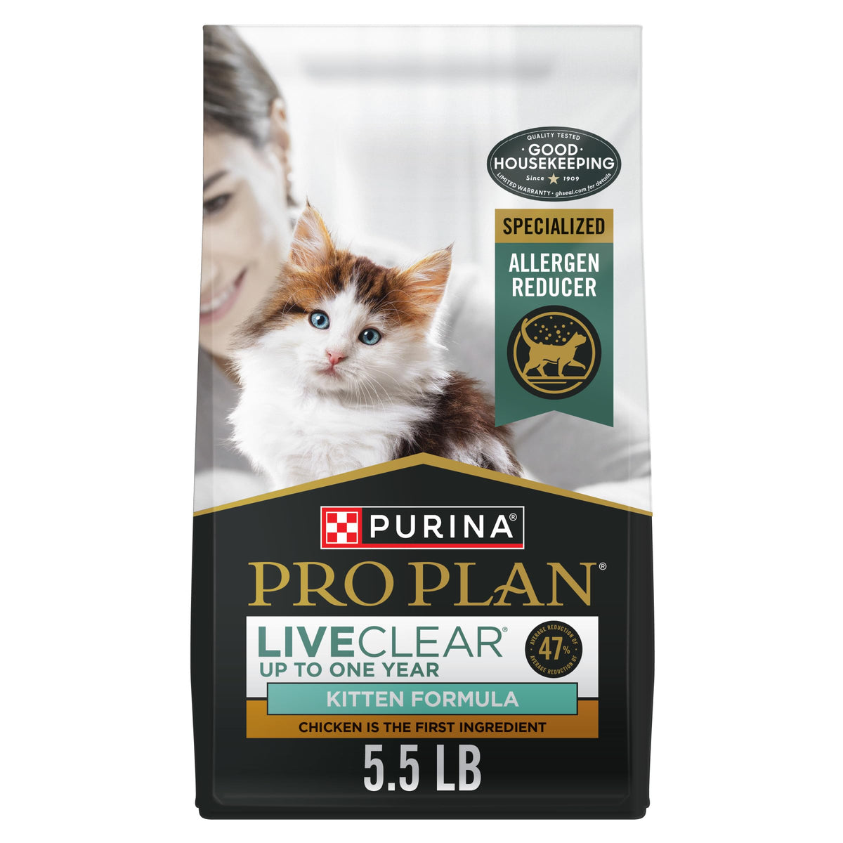 Purina Pro Plan LiveClear front of 5.5 lb kitten food bag highlighting allergen reduction.