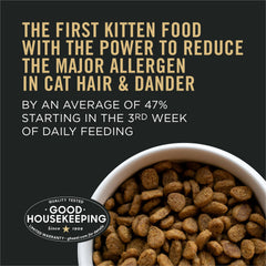 Purina Pro Plan LiveClear label emphasizes chicken and rice recipe for kittens.