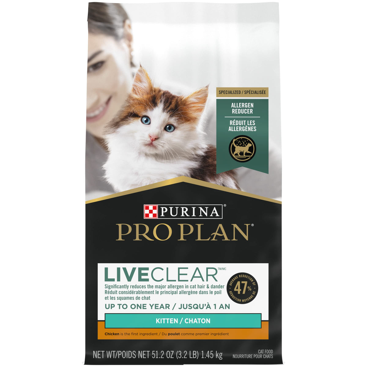 Purina Pro Plan LiveClear kitten bag front highlights allergen-reducing formula.