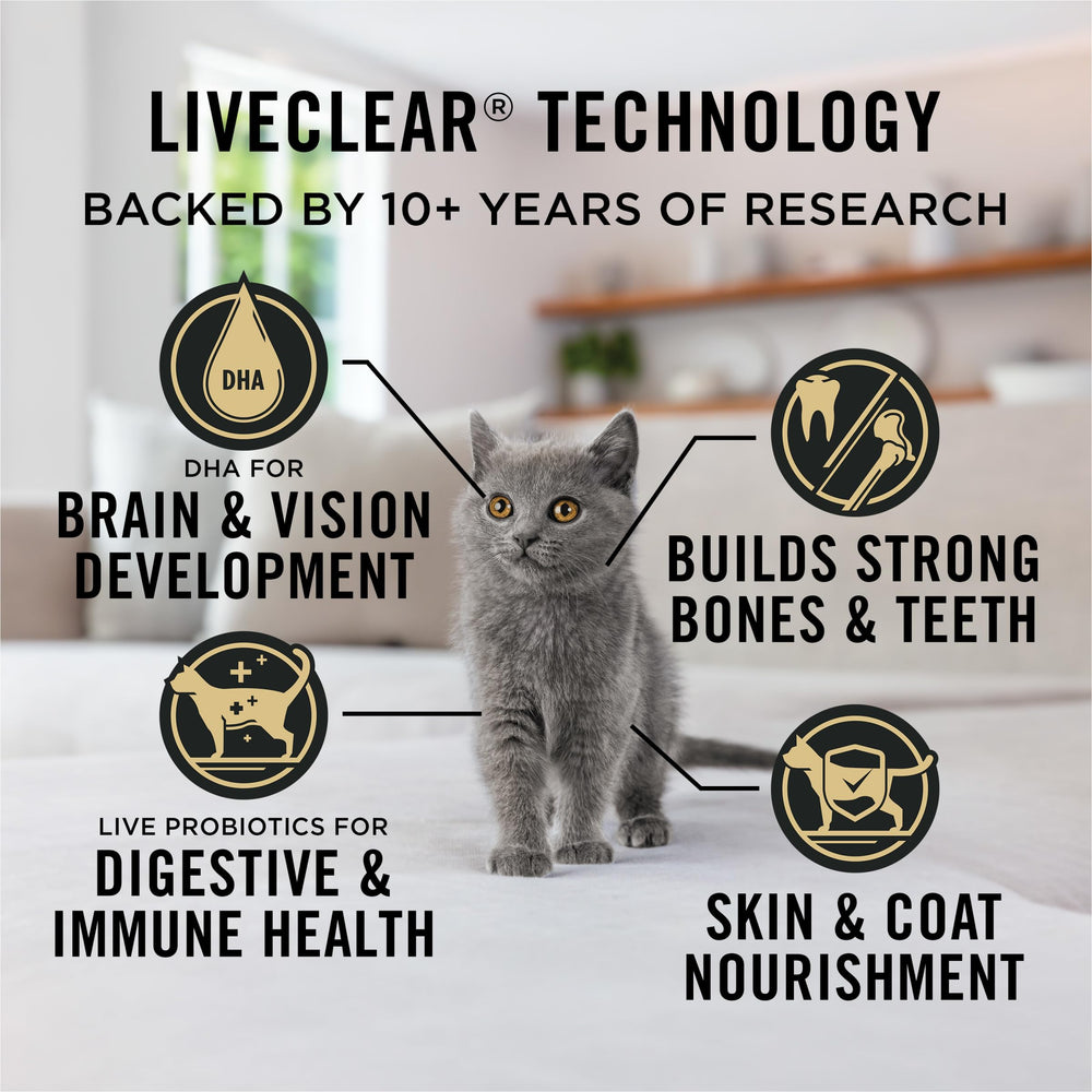 Purina Pro Plan LiveClear probiotics label signals digestive support for kittens.