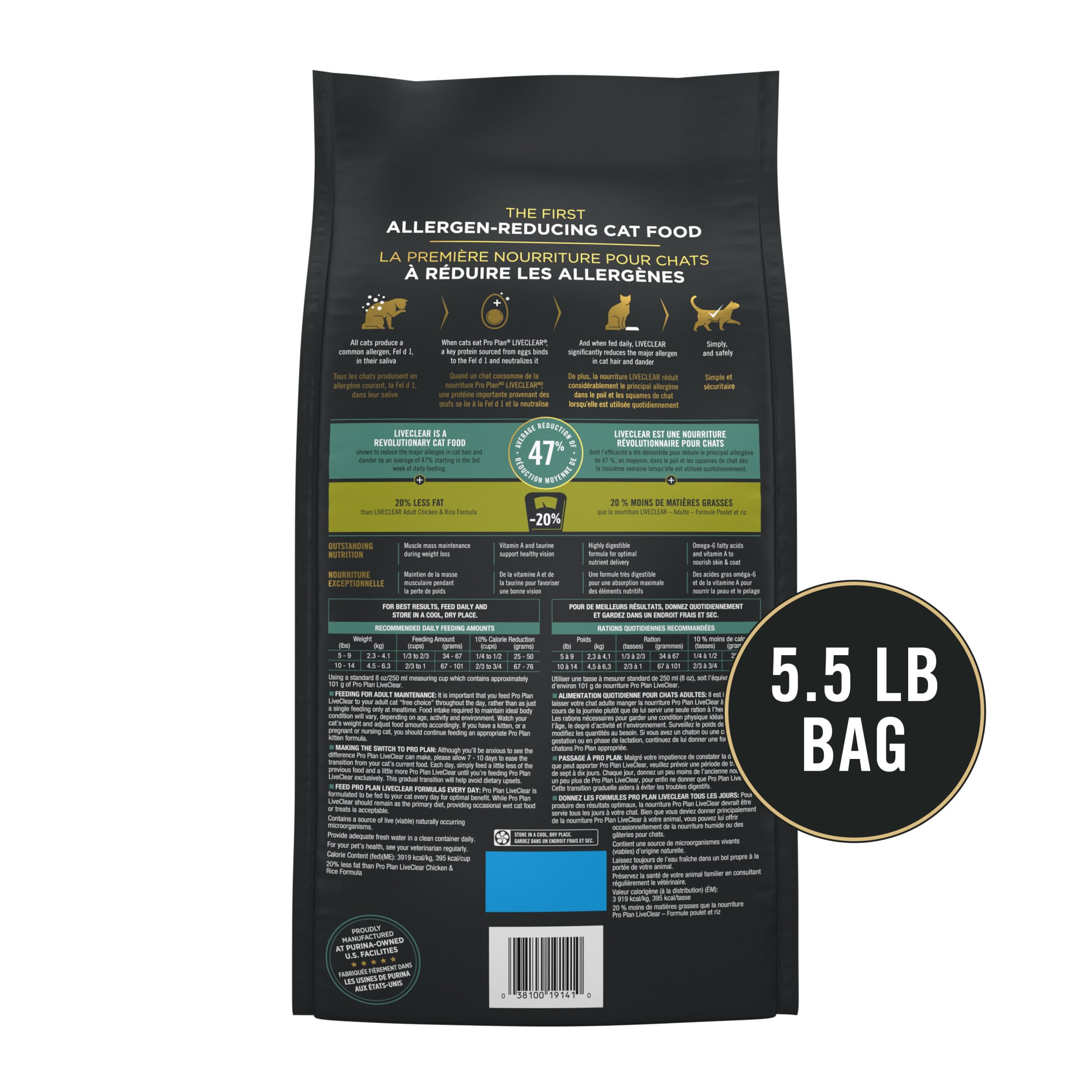 Purina Pro Plan LiveClear nutrition panel closeup highlighting balanced cat nutrition.