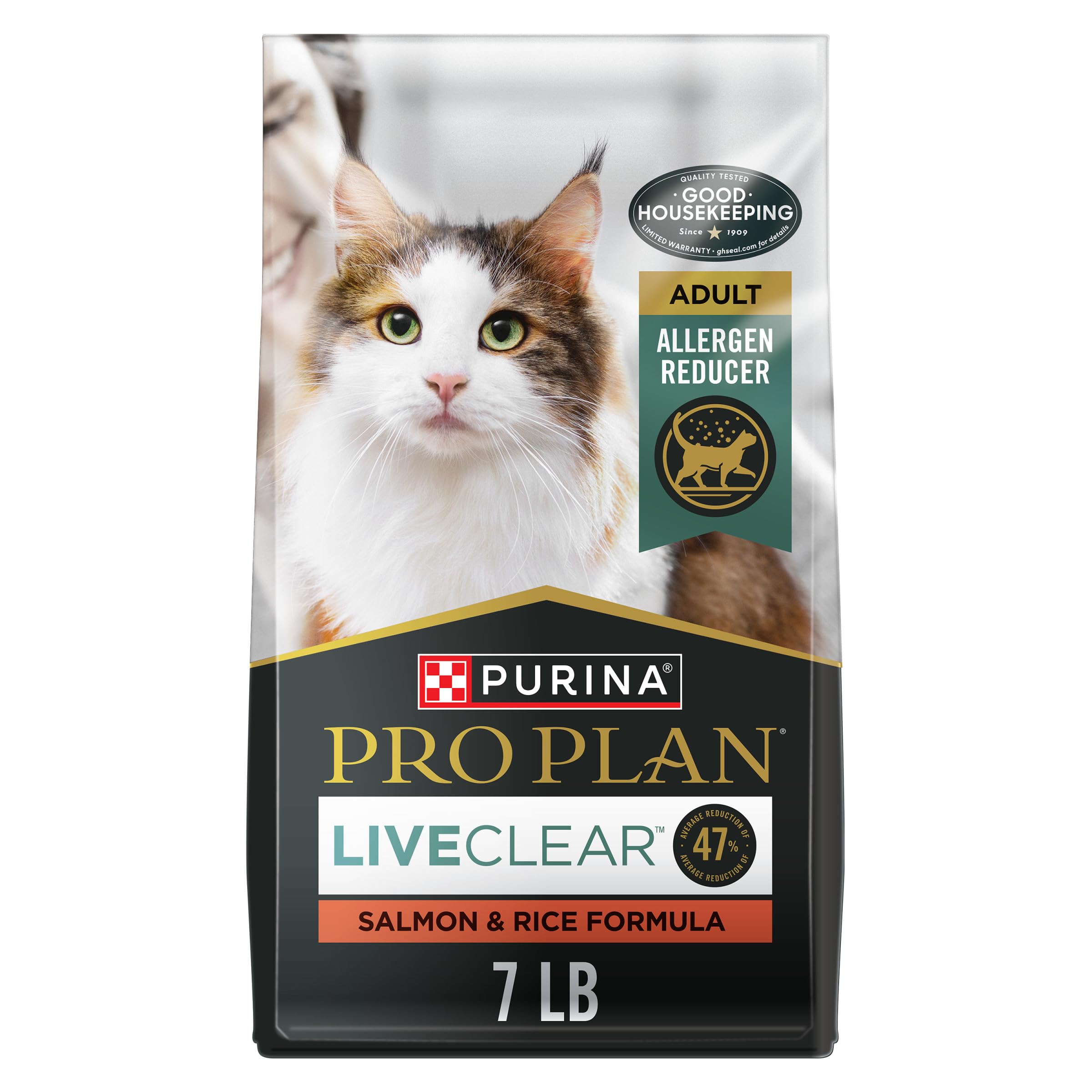 Purina Pro Plan LIVECLEAR salmon-rice bag highlighting allergen-reducing nutrition