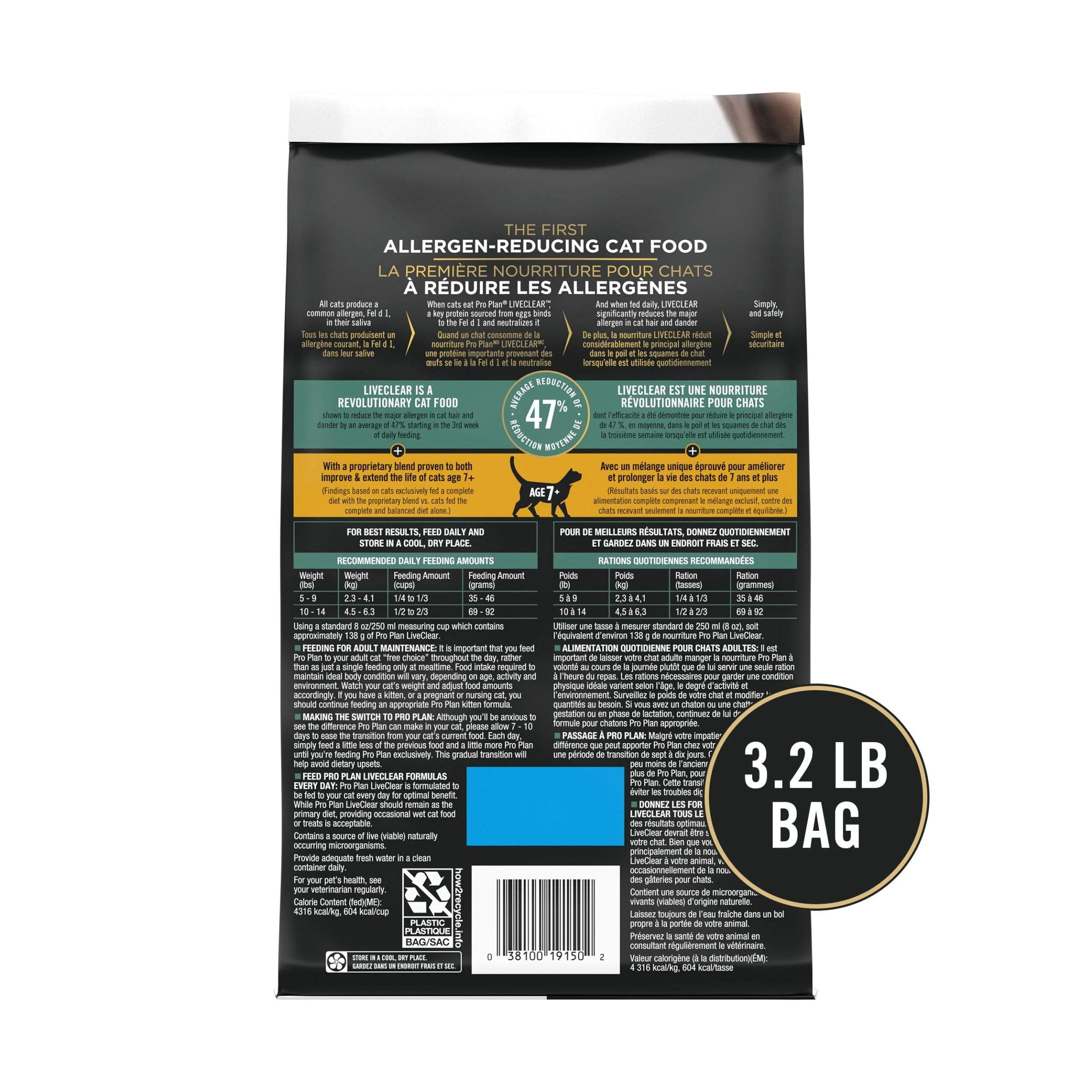 Purina Pro Plan LiveClear Senior 7+ label closeup showing feeding guidance