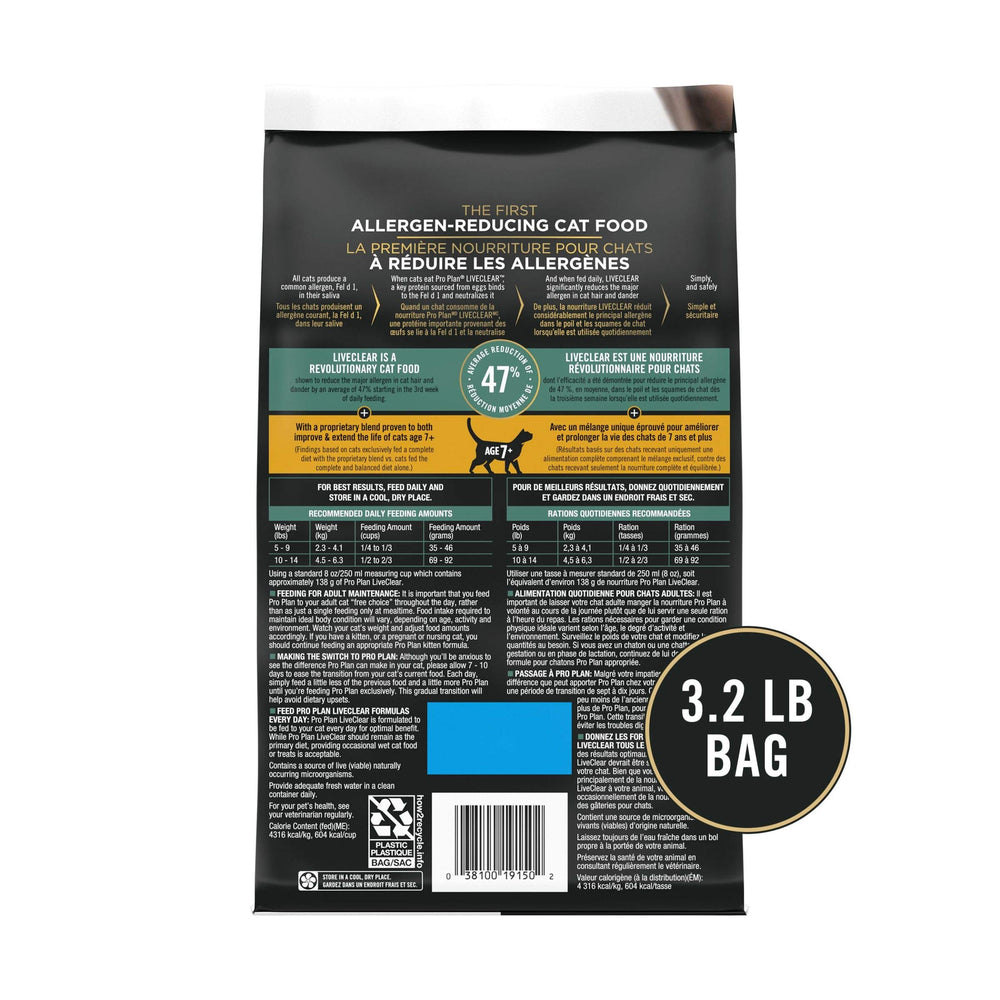 Purina Pro Plan LiveClear Senior 7+ label closeup showing feeding guidance