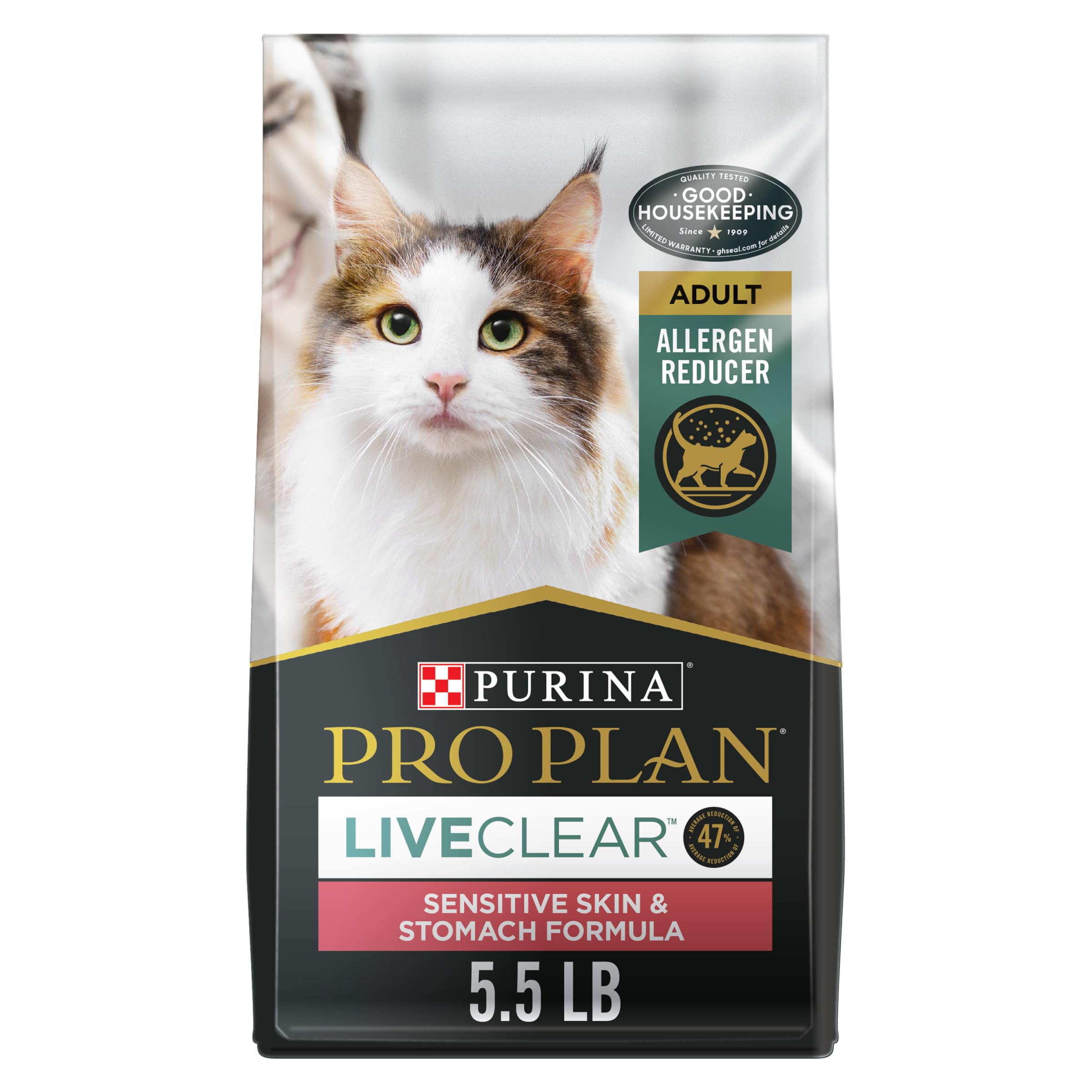 Purina Pro Plan LIVECLEAR turkey-oatmeal bag front, allergen-reducing formula for sensitive cats