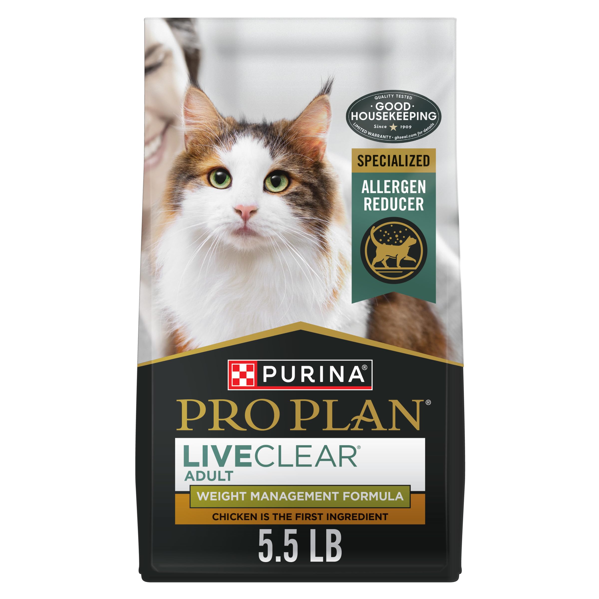 Purina Pro Plan LiveClear weight-management bag view highlighting allergen-reducing formula.