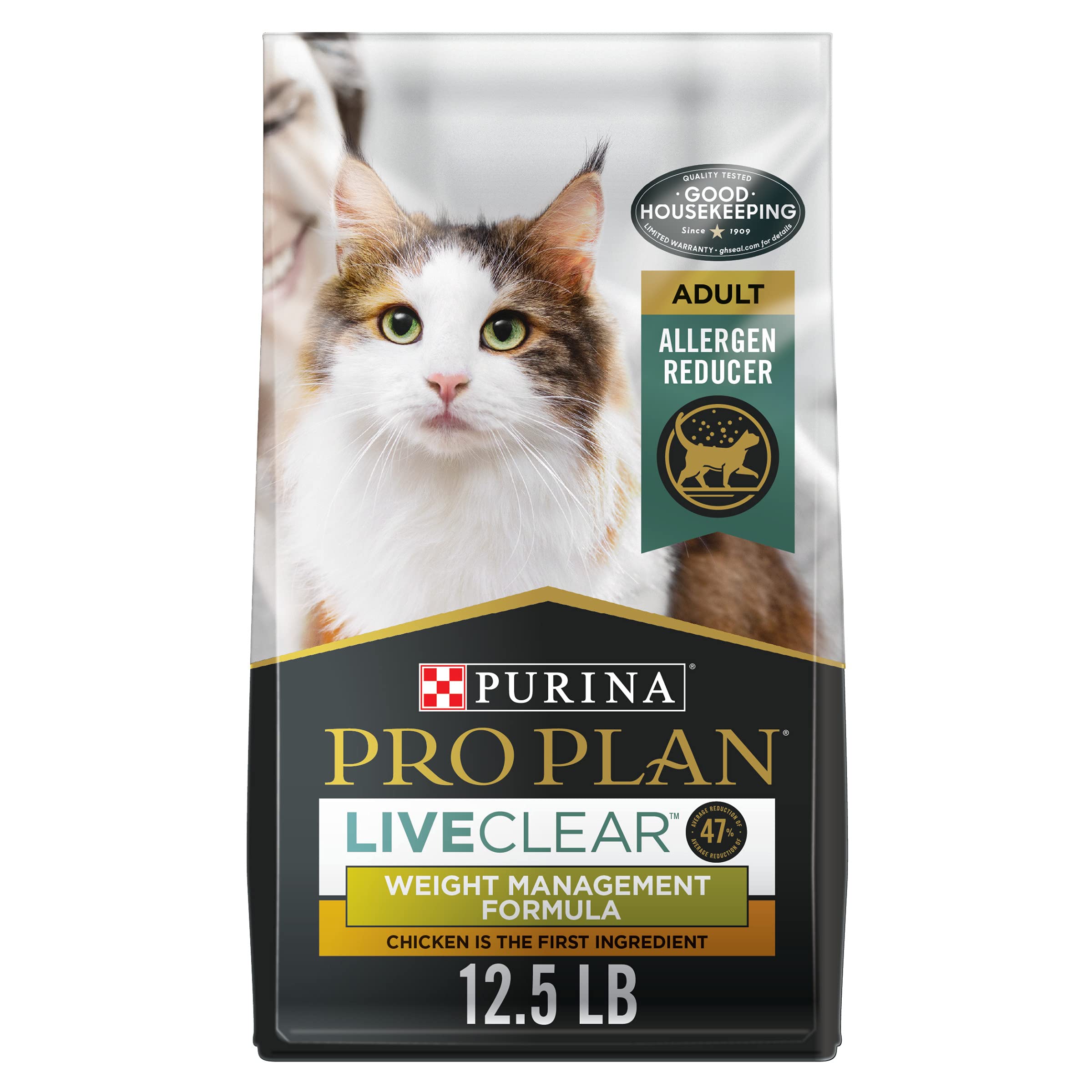 Purina Pro Plan LIVECLEAR weight-management bag showing portioned kibble for weight control.