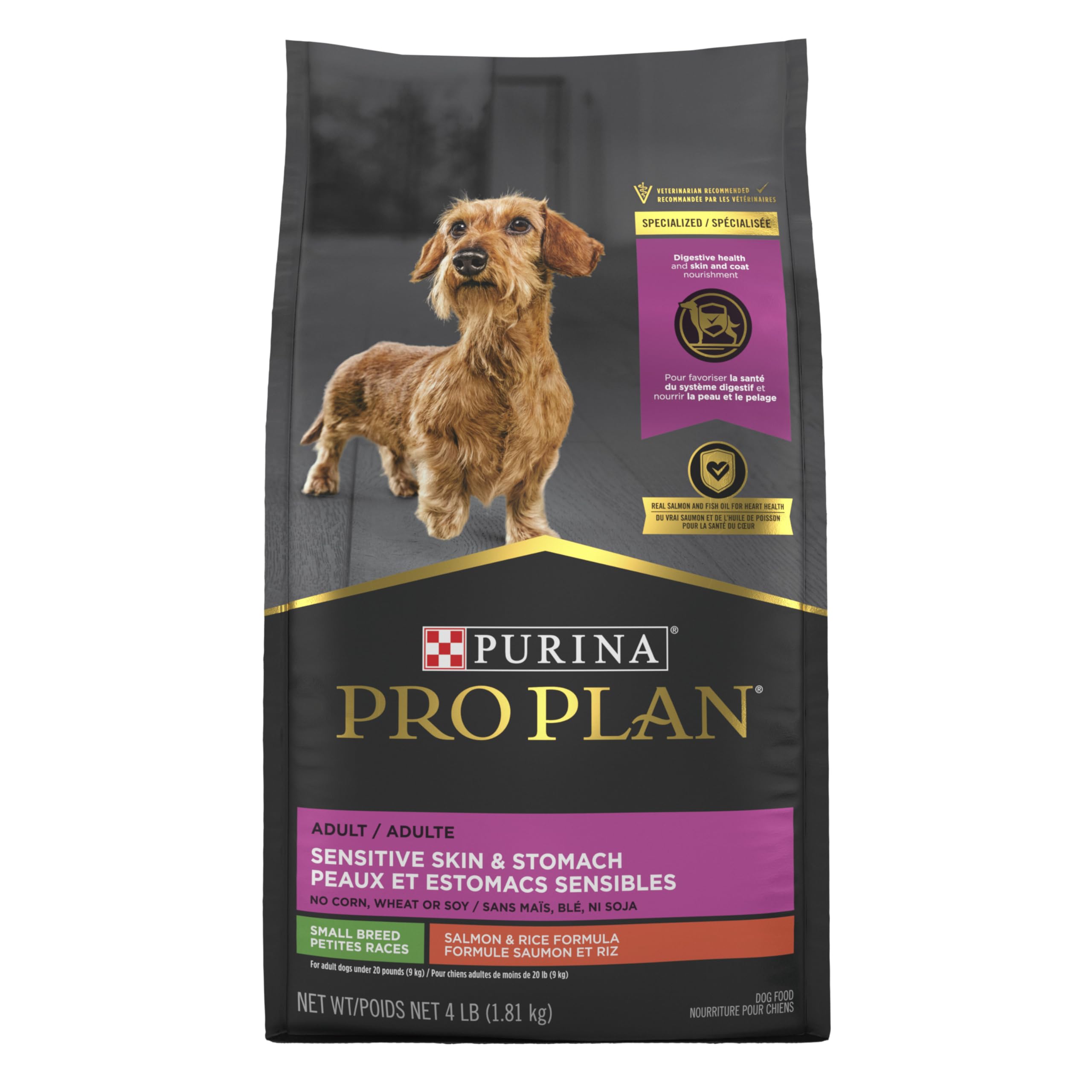 Purina Pro Plan no corn, wheat, or soy logo highlights clean ingredients