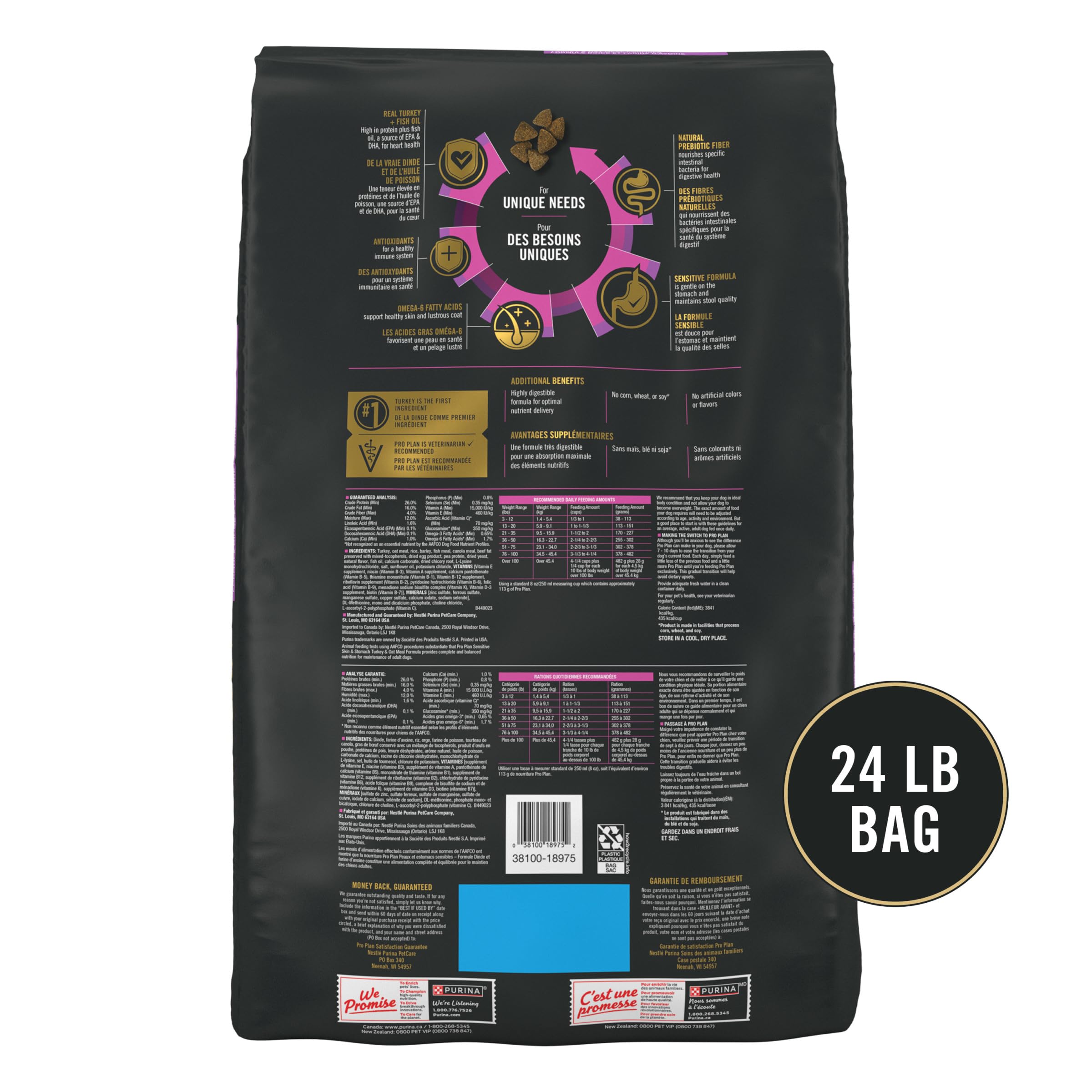 Purina Pro Plan no corn, wheat, or soy badge reassures allergen-conscious nutrition.