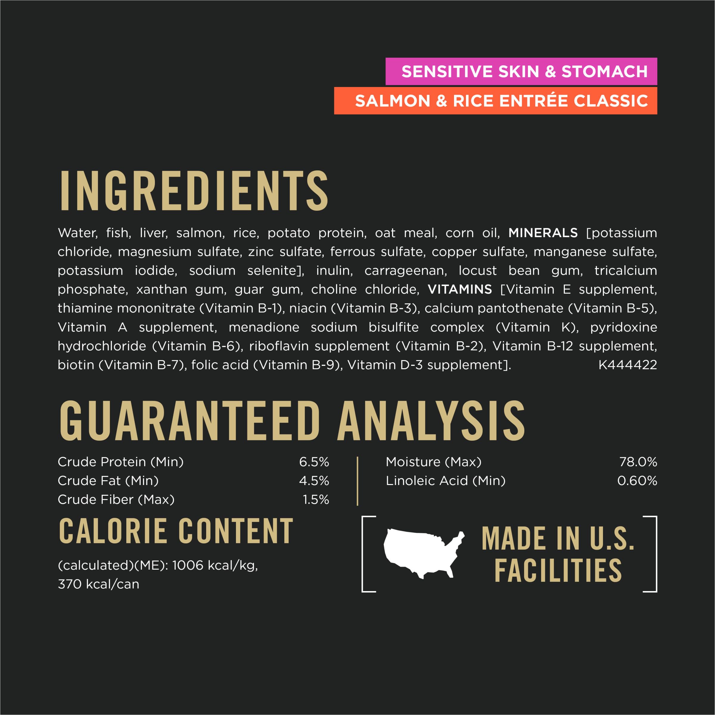 Purina Pro Plan no wheat or soy ingredients panel for sensitive diets
