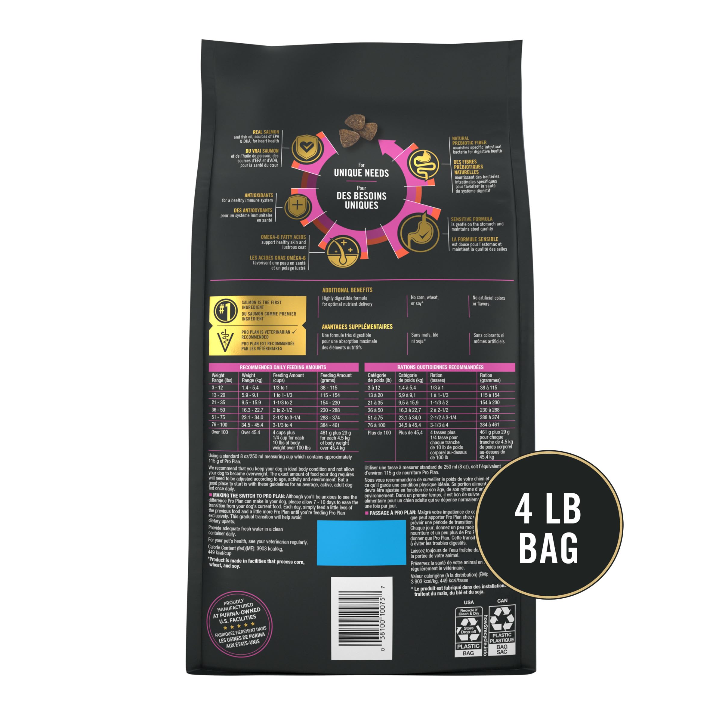 Purina Pro Plan oats and rice depiction highlights easily digestible carbohydrate sources.