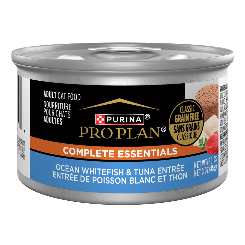 Purina Pro Plan Ocean Whitefish & Tuna Entree cans—high-protein option for lean muscle.