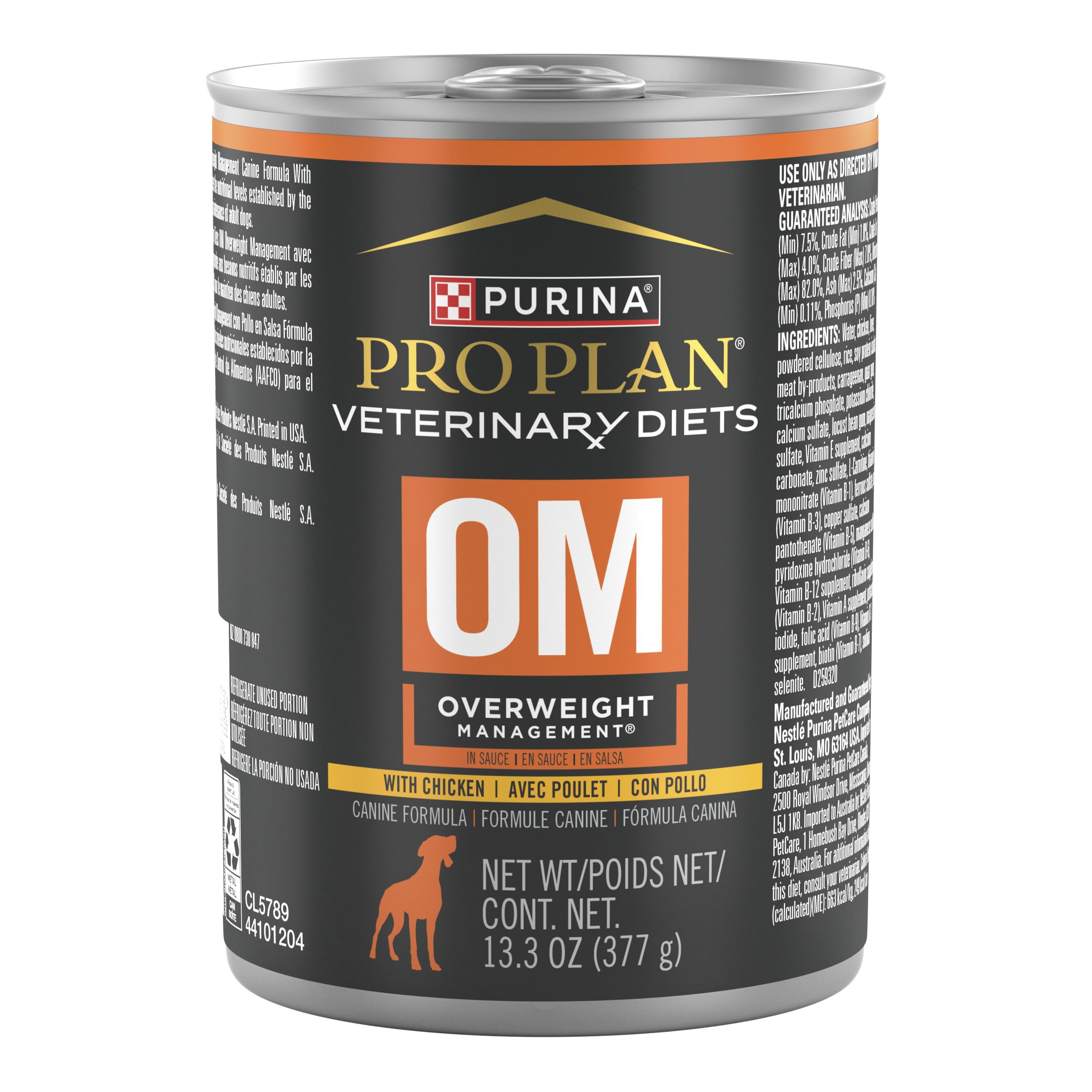 Purina Pro Plan Veterinary Diets OM overweight wet dog food cans pack of 12 supports weight management.