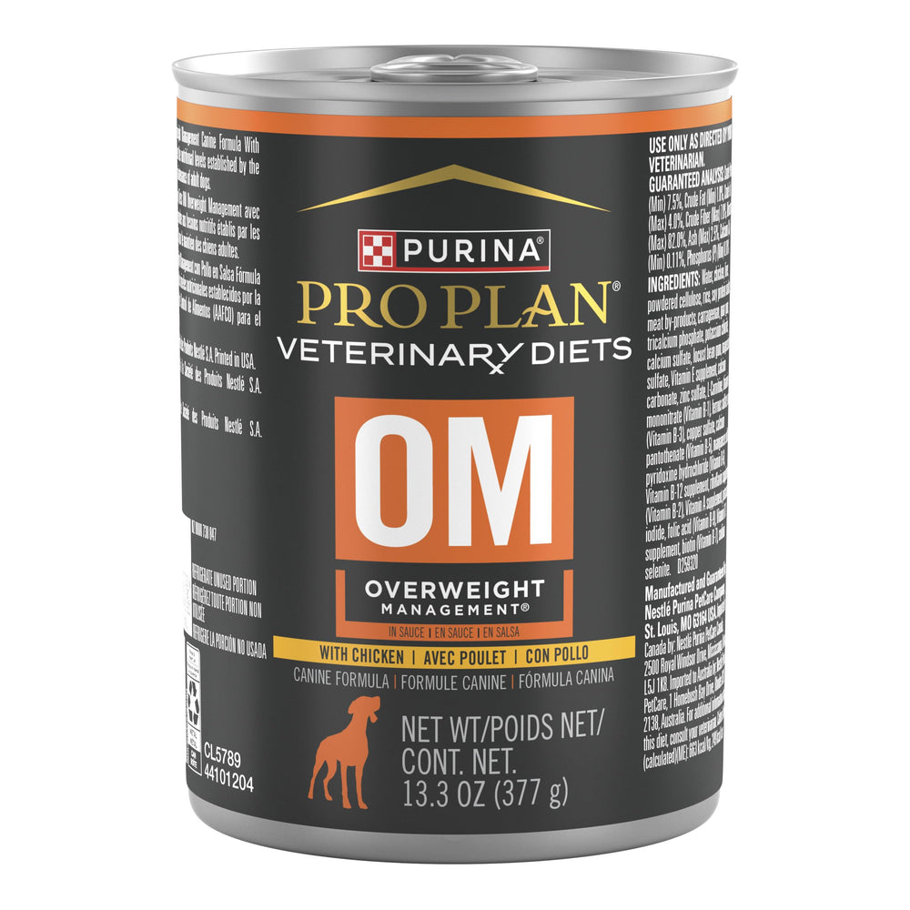 Purina Pro Plan Veterinary Diets OM overweight wet dog food cans pack of 12 supports weight management.