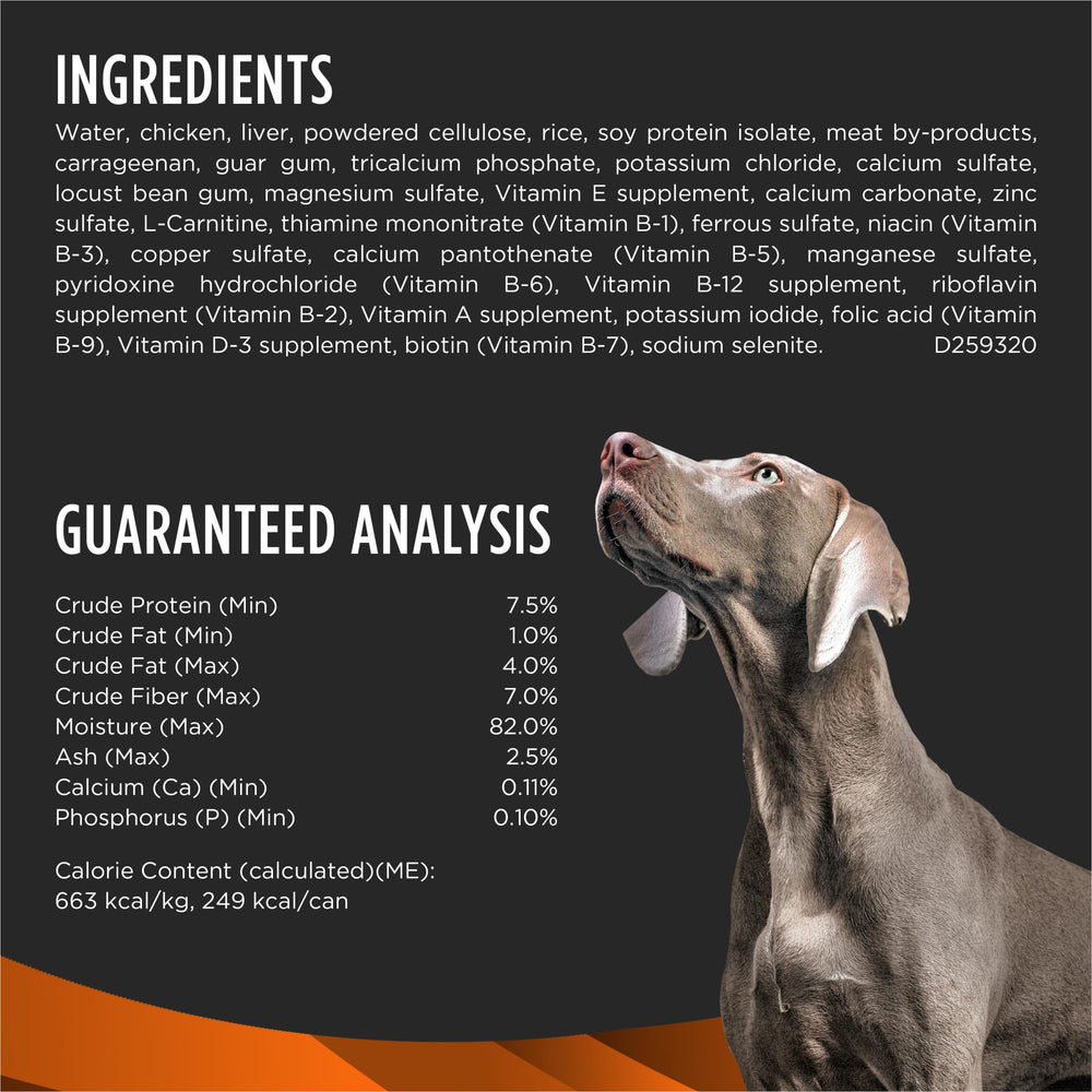 Purina Pro Plan OM wet dog food dish during feeding time.