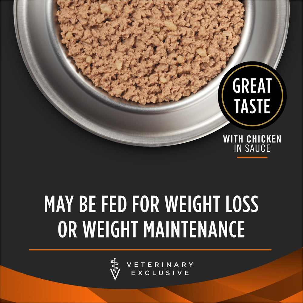 Purina Pro Plan Veterinary Diets OM label close-up highlights high-protein formulation.