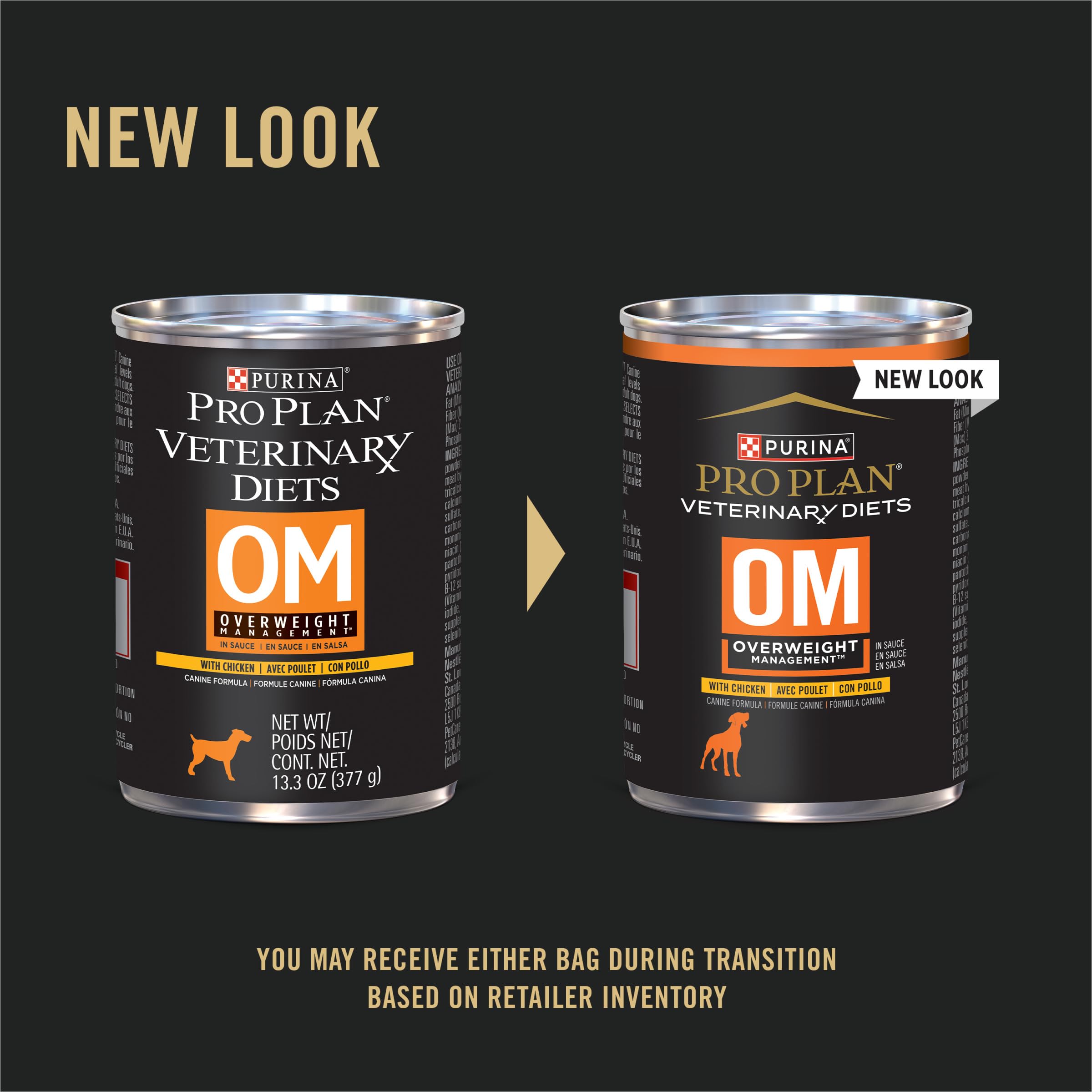 Purina Pro Plan OM overweight wet dog food—open can demonstrates portion control for meals.