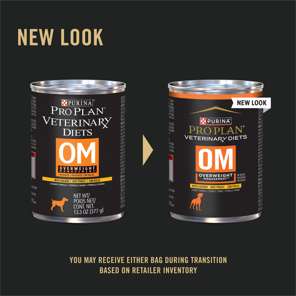 Purina Pro Plan OM overweight wet dog food—open can demonstrates portion control for meals.
