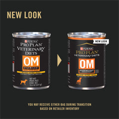 Purina Pro Plan OM overweight wet dog food—open can demonstrates portion control for meals.