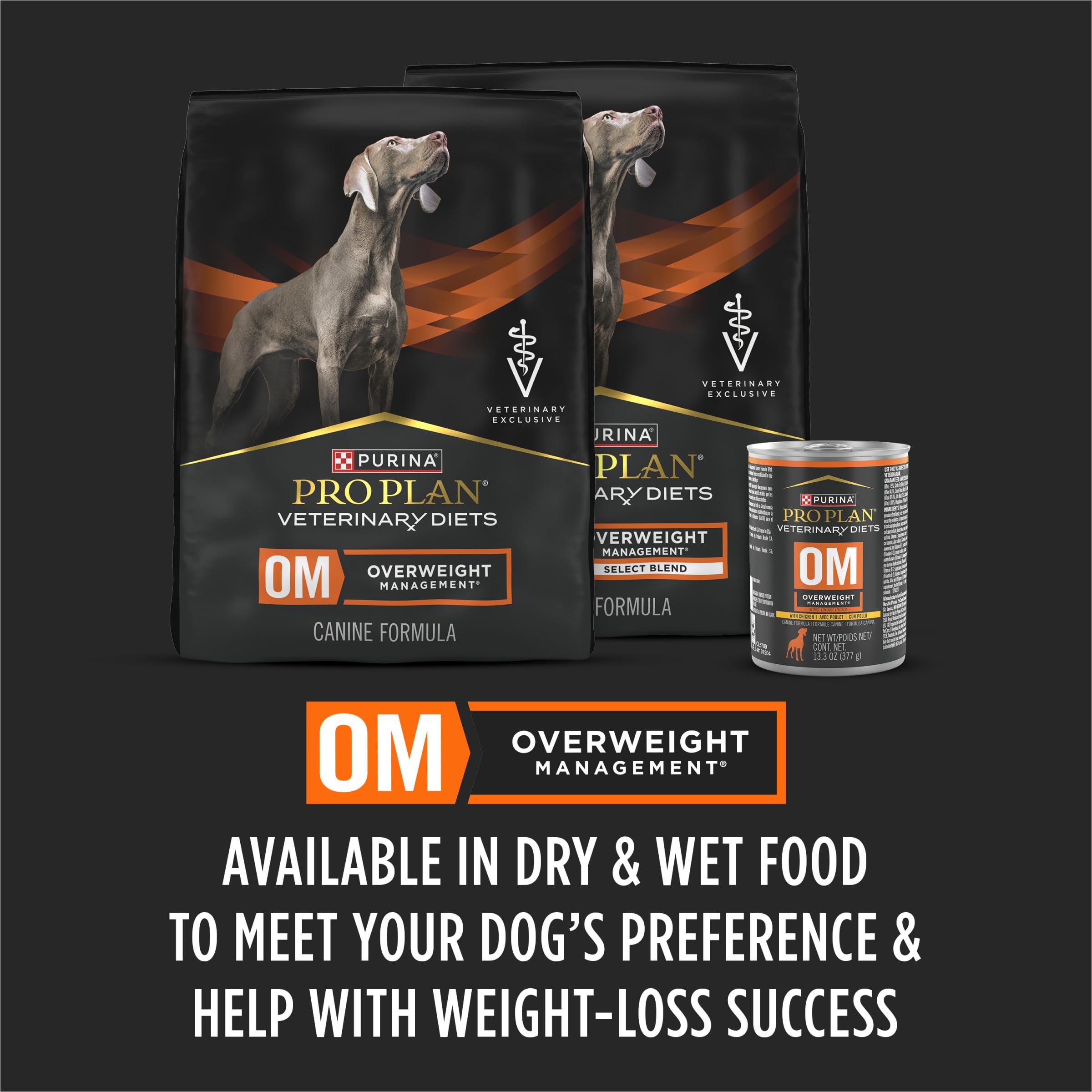 Purina Pro Plan OM dog food with vet-approved formula supports portion control.