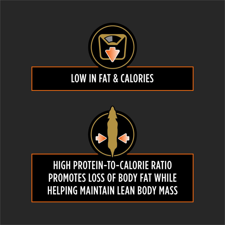 Purina Pro Plan OM weight-management kibble close-up highlights lean protein.