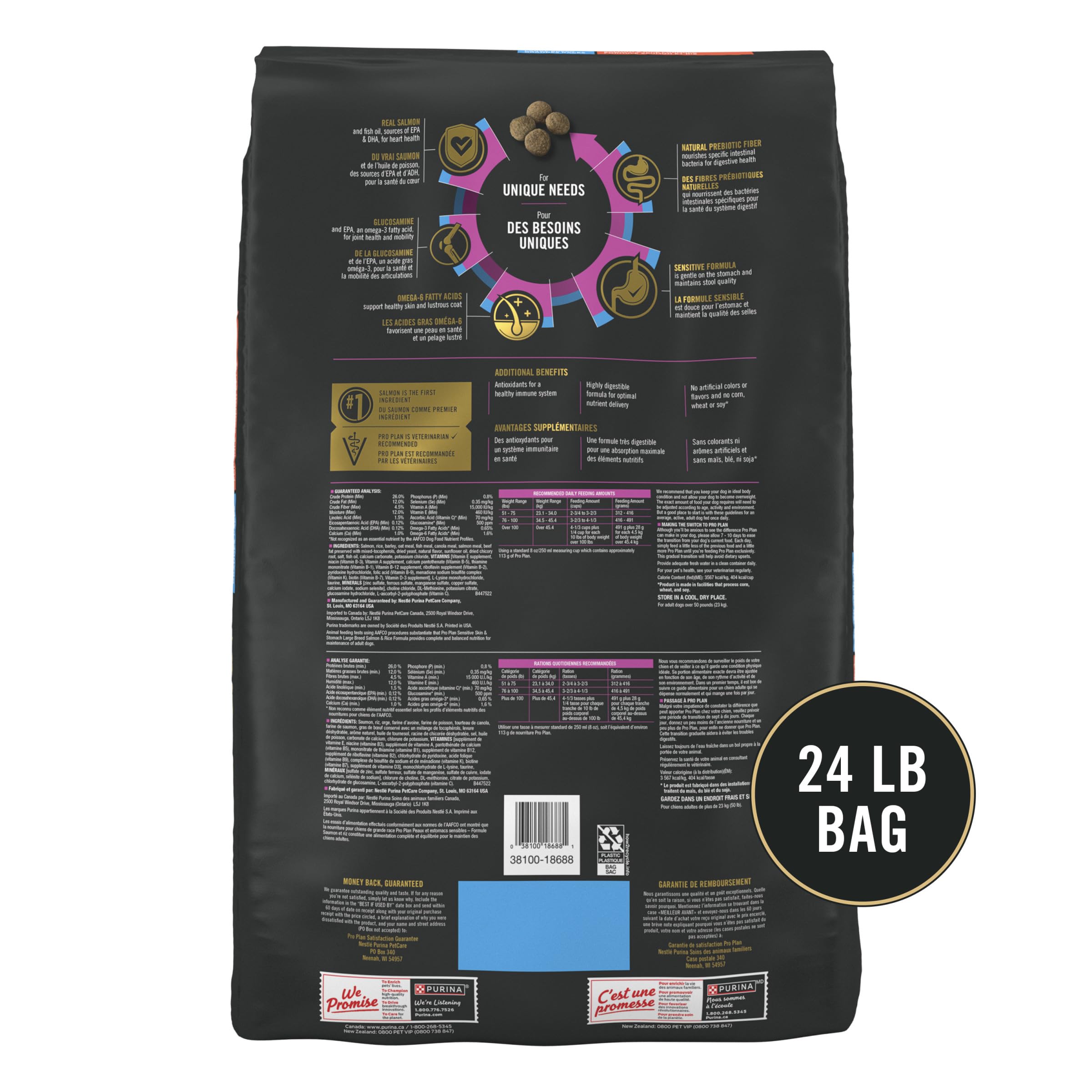 Purina Pro Plan omega-6 focus signals skin and coat nourishment for healthy appearance.