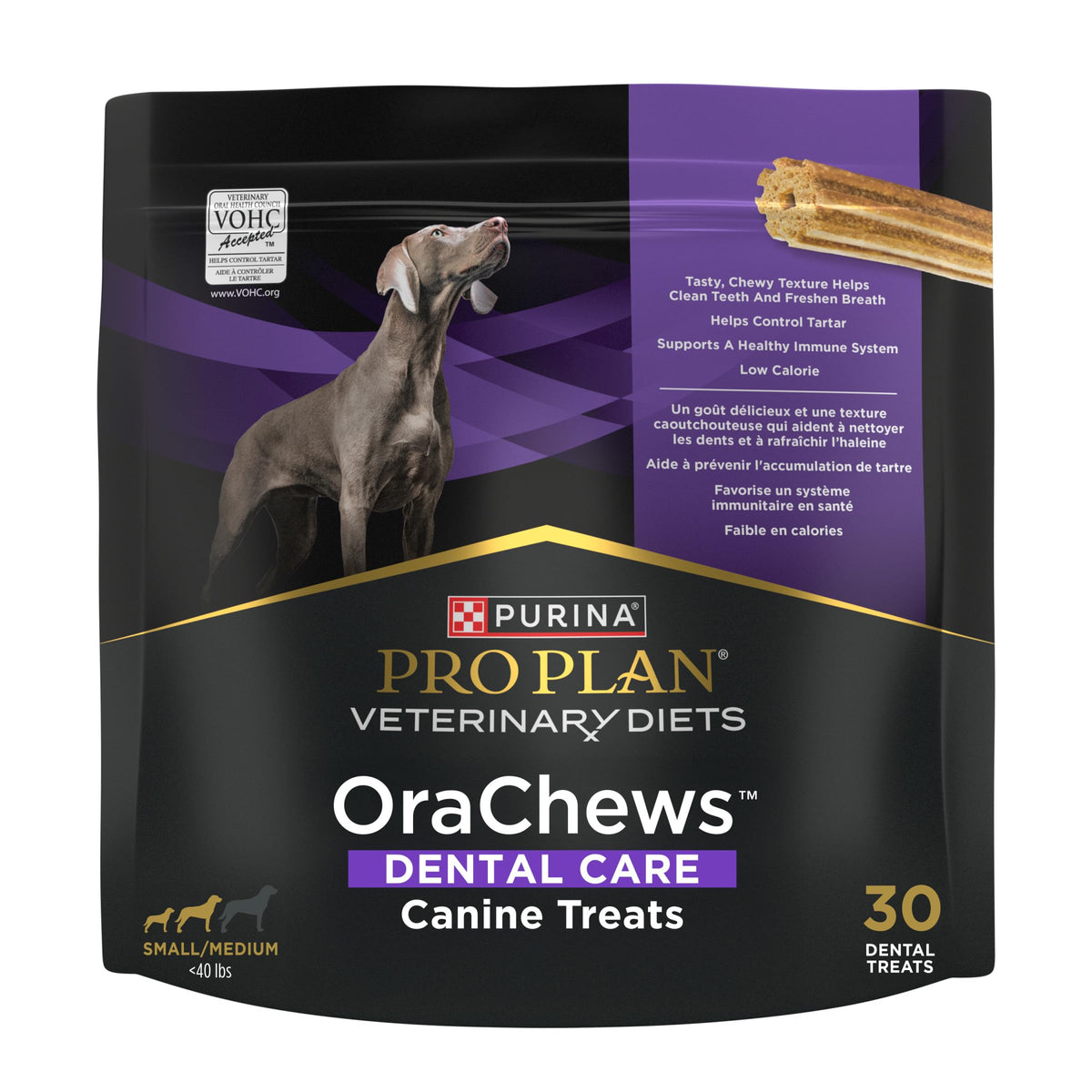 Purina Pro Plan OraChews 30-treat packaging keeps dental chews fresh for convenient use.