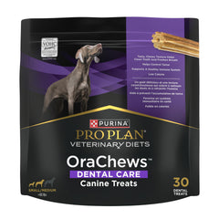 Purina Pro Plan OraChews 30-treat packaging keeps dental chews fresh for convenient use.