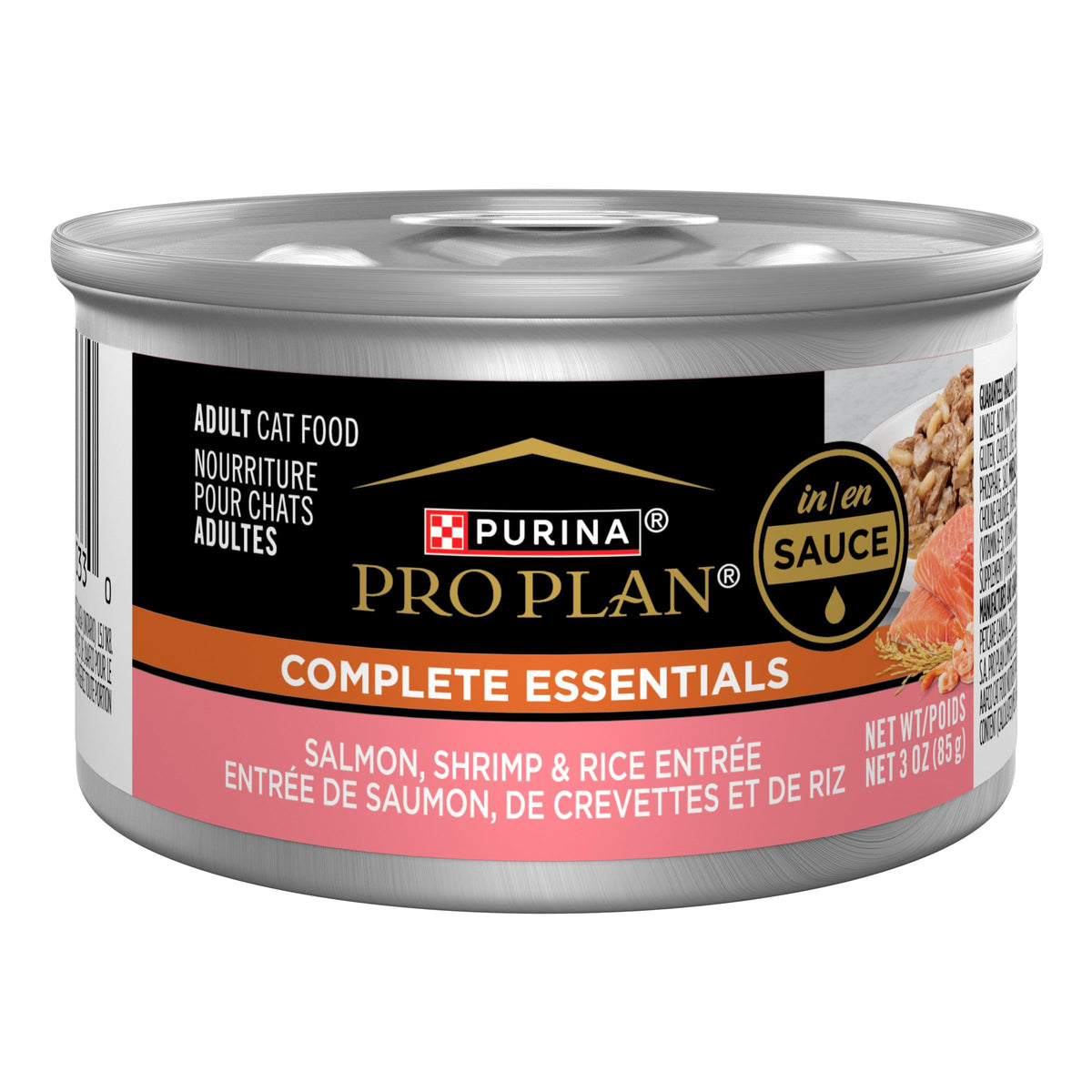 Purina Pro Plan Pate can-front with real salmon and shrimp in sauce for adult cats.