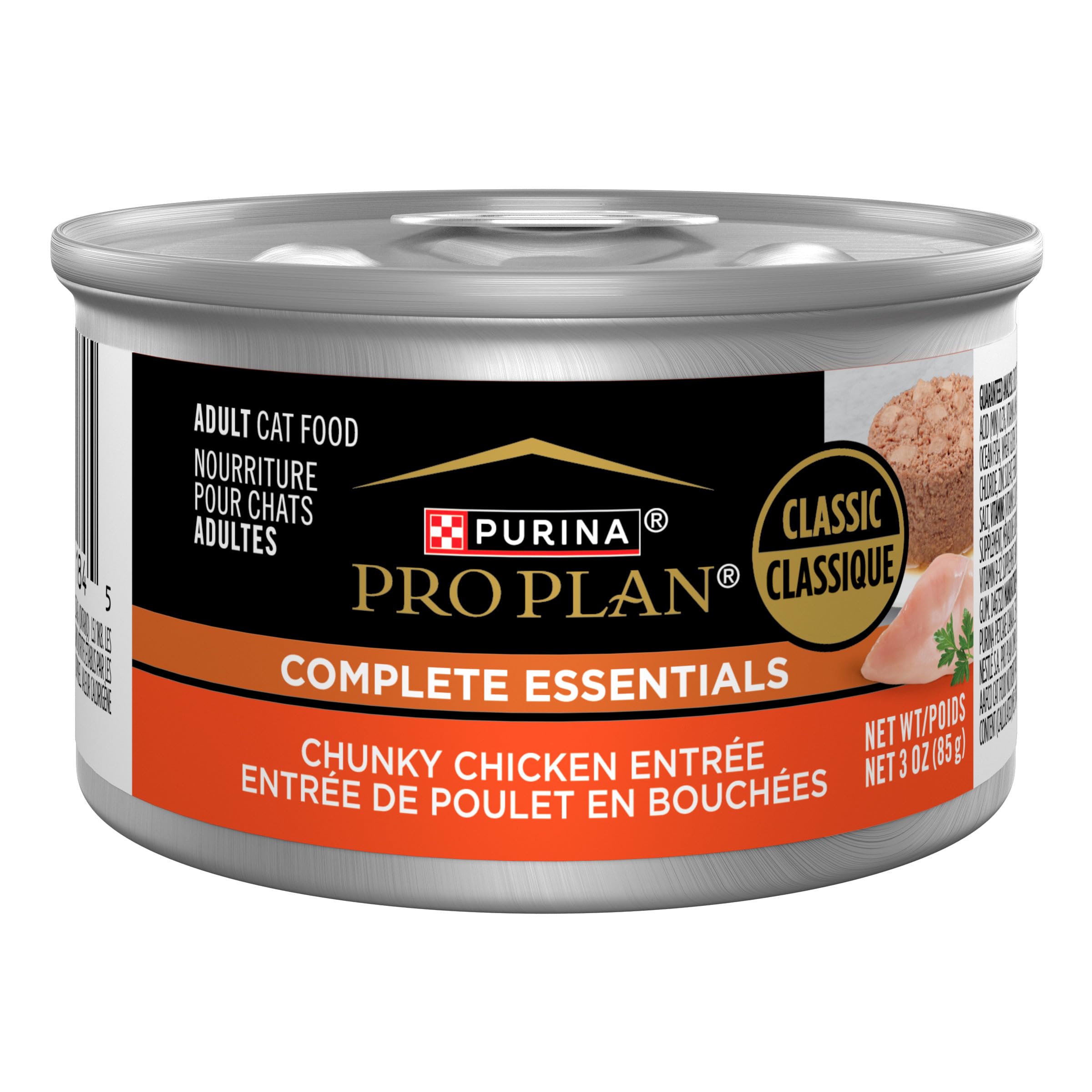 Purina Pro Plan pate real chicken in a pull-top can offers high-protein texture for adult cats