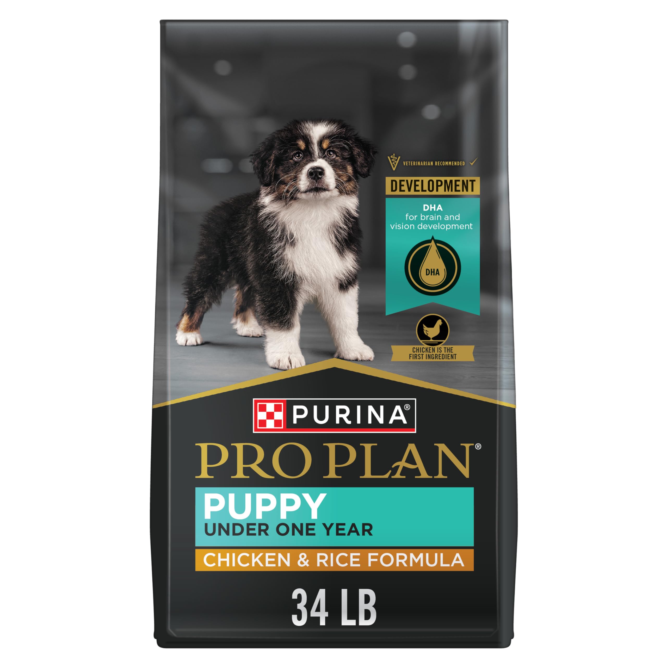 Purina Pro Plan Puppy Chicken and Rice dry food bag highlights premium nutrition for growing puppies.