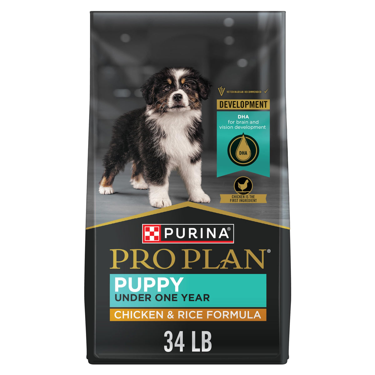 Purina Pro Plan Puppy Chicken and Rice dry food bag highlights premium nutrition for growing puppies.