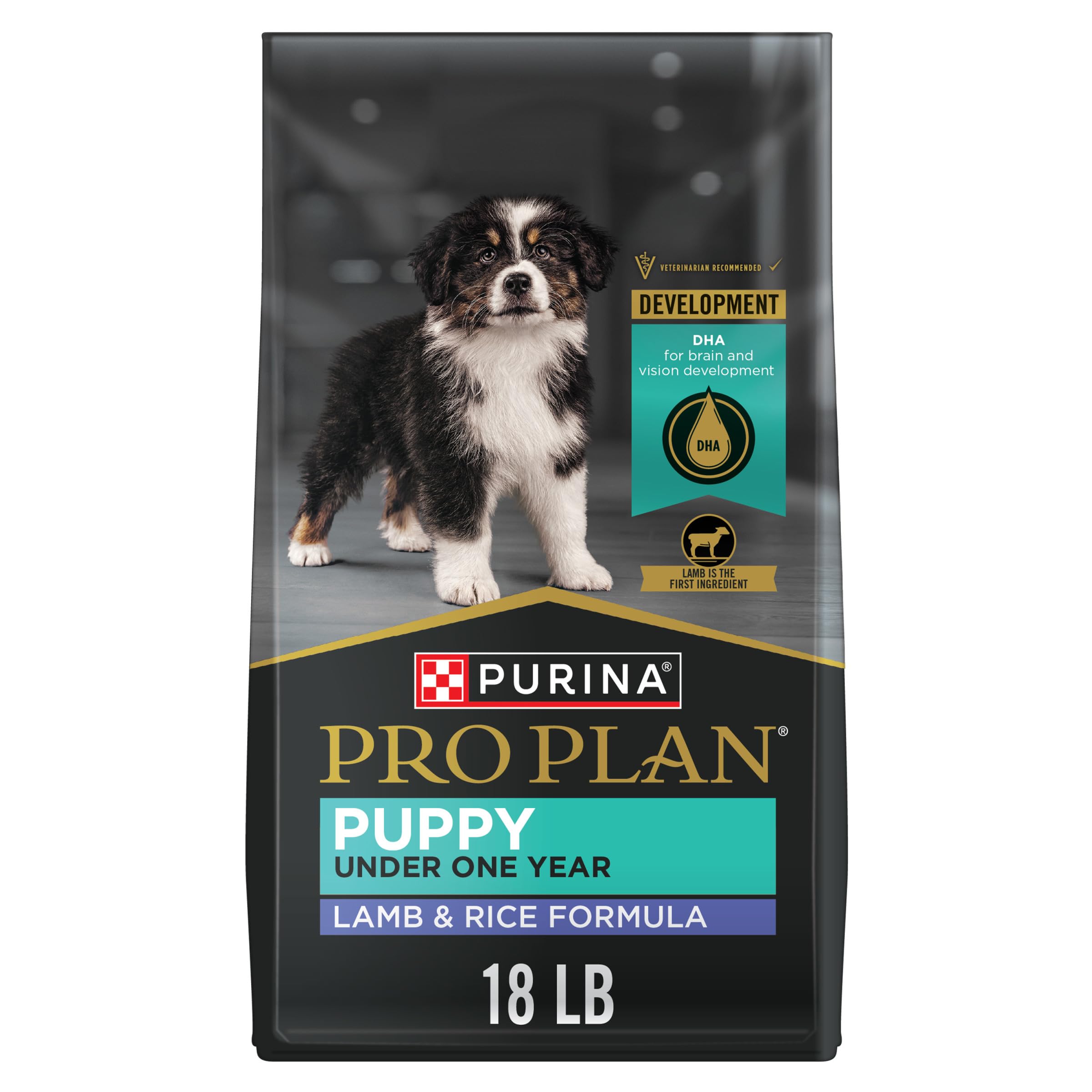 Purina Pro Plan Lamb and Rice Puppy Food bag in 18 lb size for growing puppies.