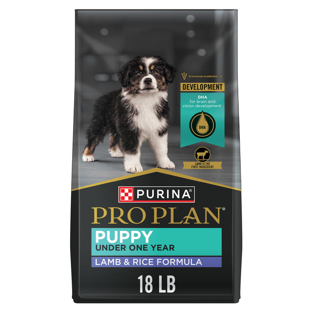 Purina Pro Plan Lamb and Rice Puppy Food bag in 18 lb size for growing puppies.