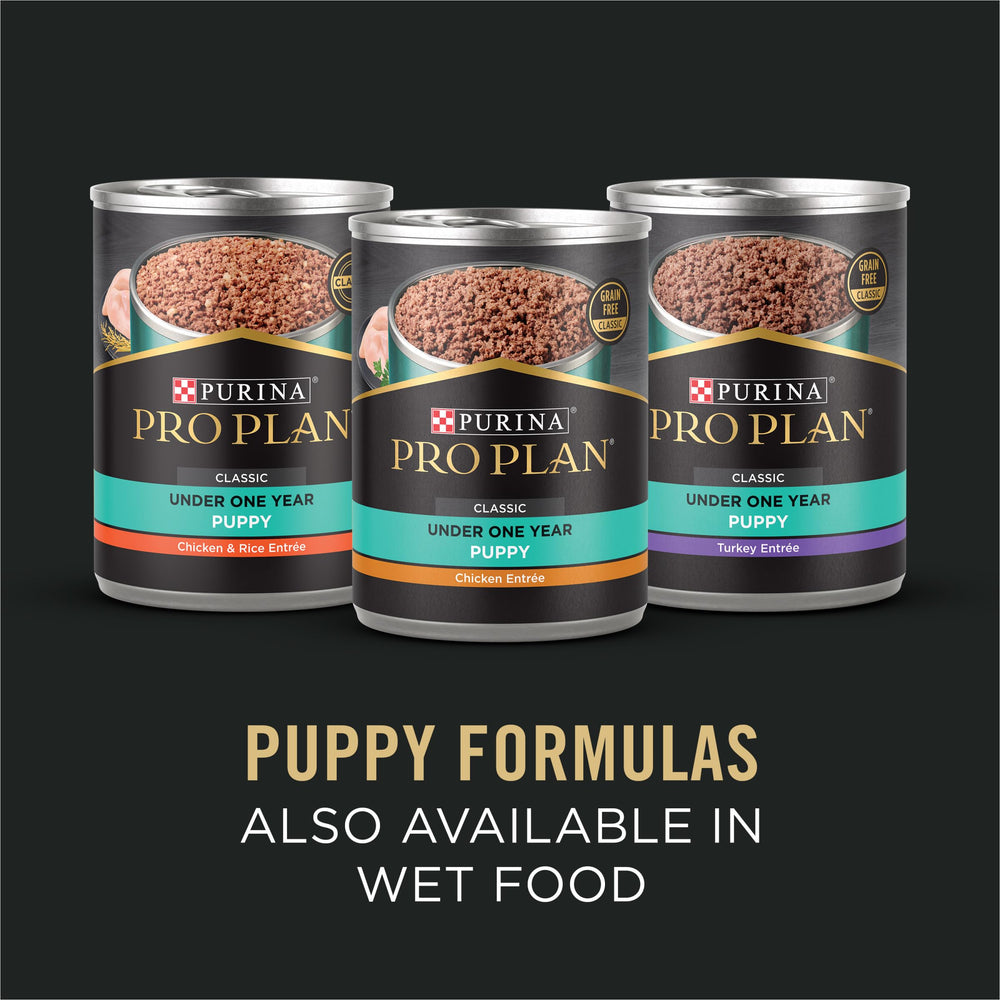 Purina Pro Plan Puppy packaging detail emphasizes no artificial colors or flavors