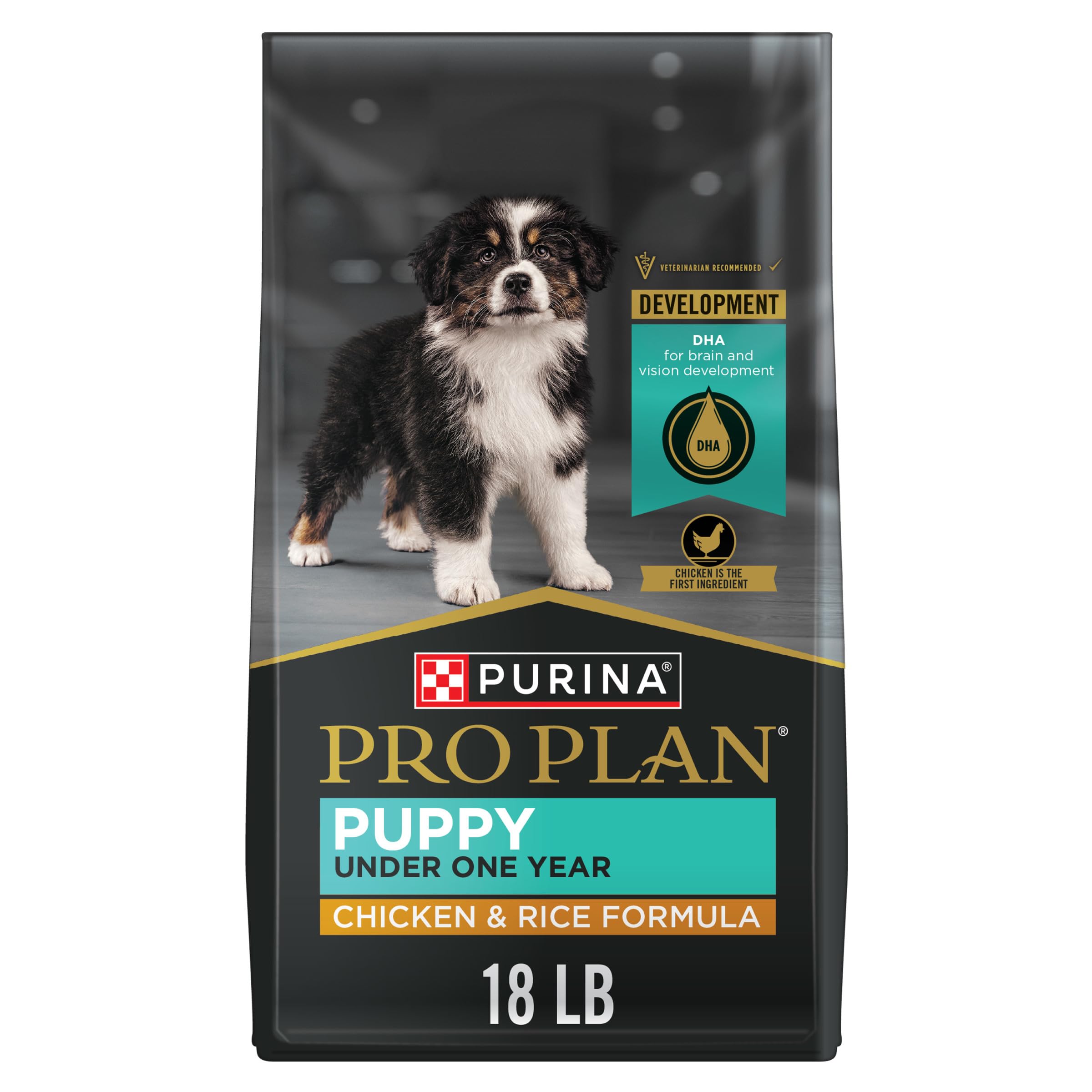 Purina Pro Plan puppy kibble with real chicken first ingredient.