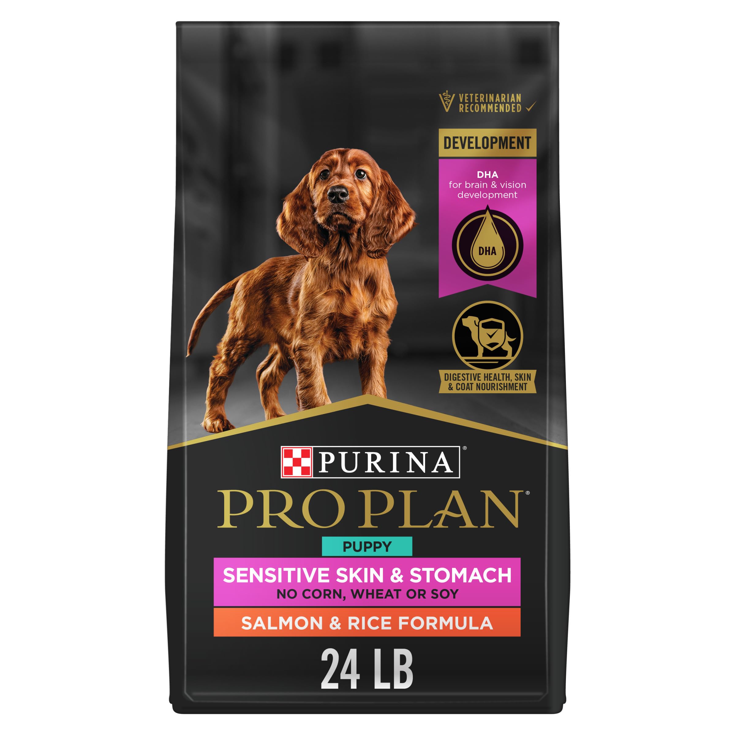 Purina Pro Plan Puppy Salmon and Rice bag front view for sensitive stomach nutrition